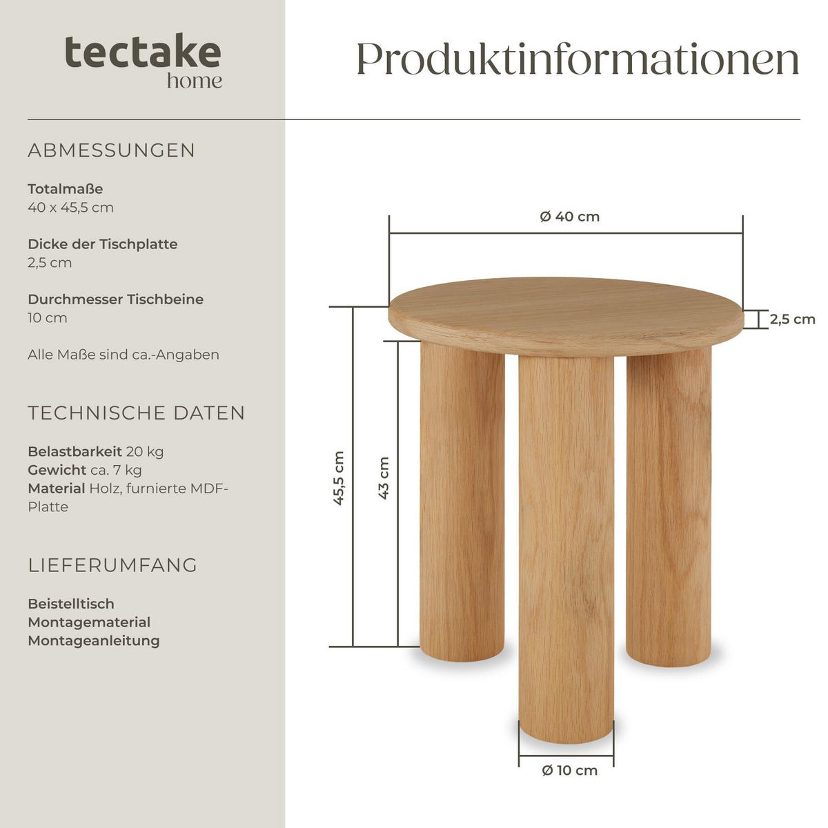 BEISTELLTISCH Sisi,bodenschonende Filzgleiter,Eiche hell - Eichefarben, Holz (40/40/45.5cm) - tectake