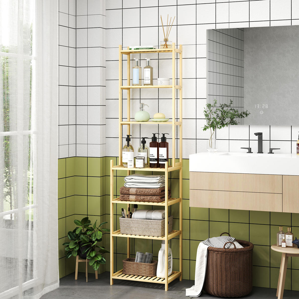 BADREGAL, Badezimmerregal mit 7 Ebenen, Standregal aus Bambus für Wohnzimmer - Naturfarben, Naturmaterialen (33/180/44cm) - HOMCOM