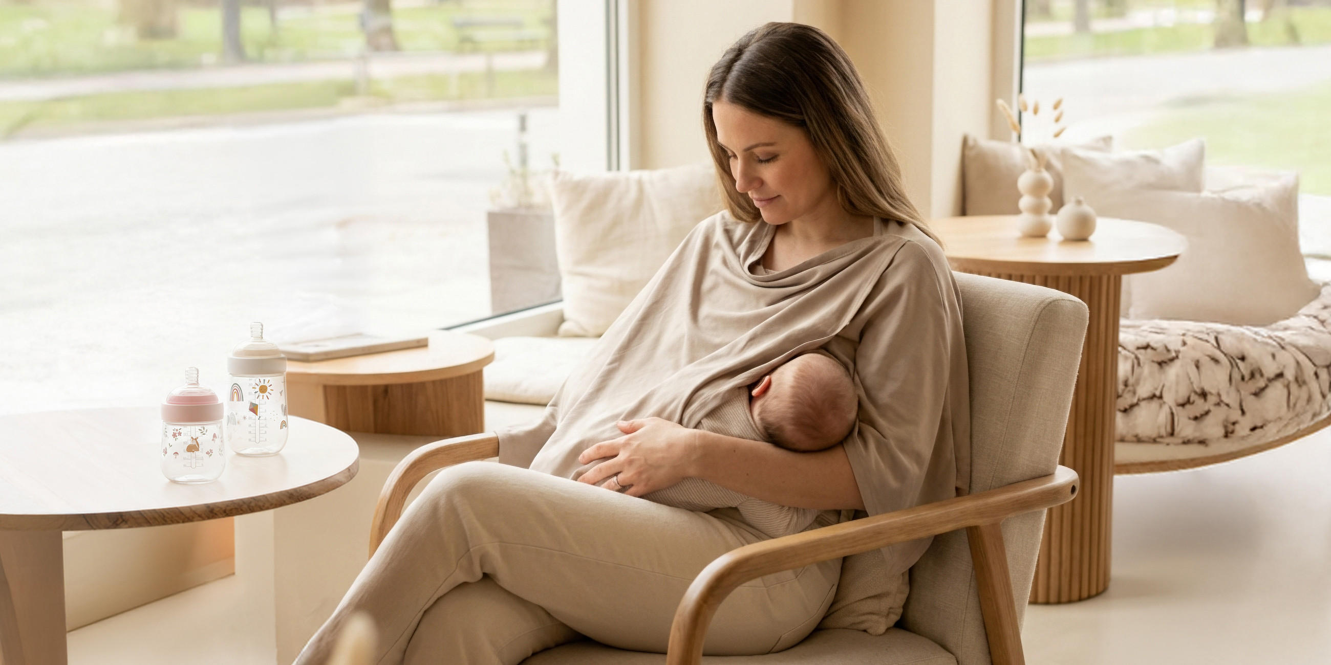 Mutter sitzt mit Stilltuch und Baby auf dem Arm auf einem Sessel