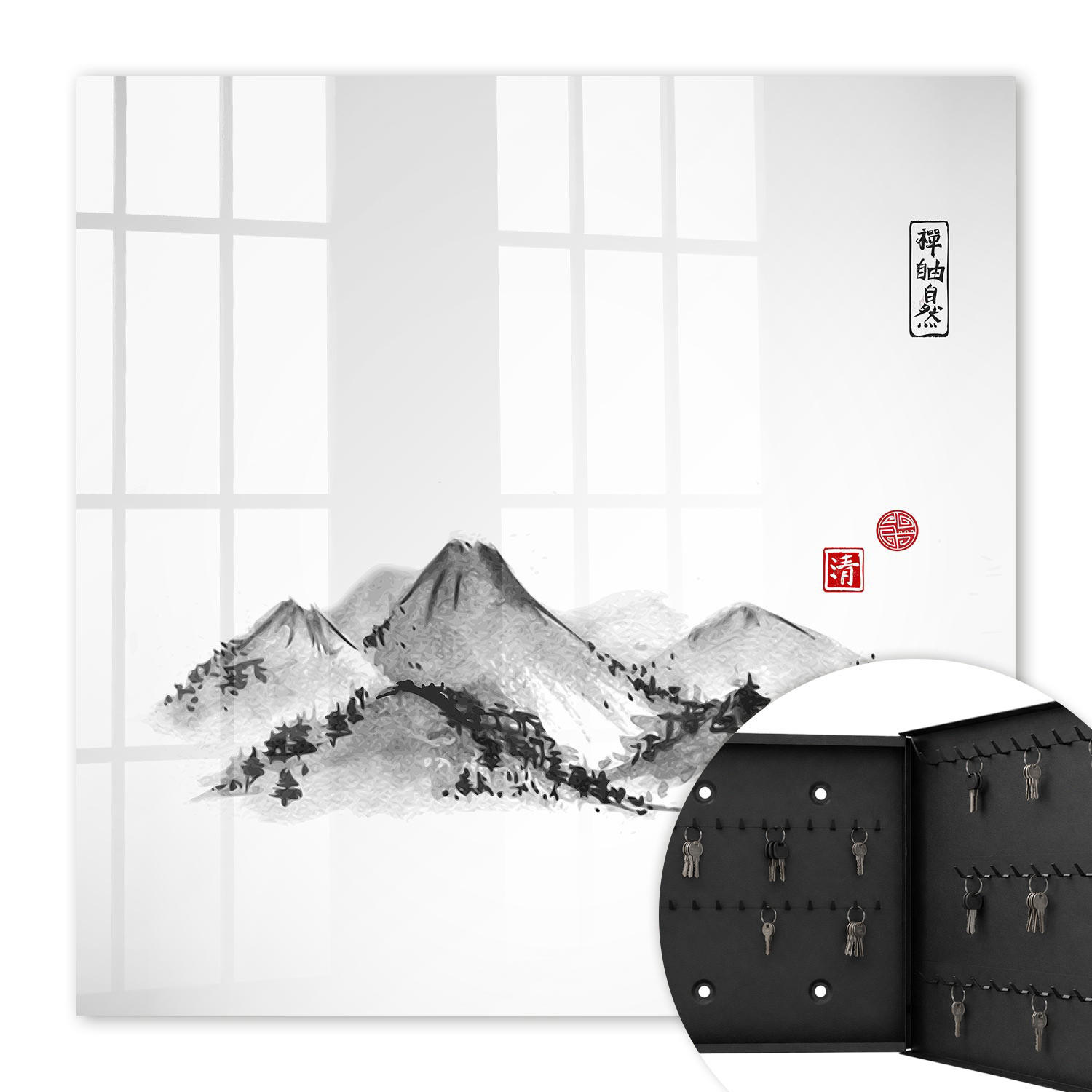 SCHLÜSSELBOX Schwarz 30x30 cm- Türöffnung nach rechts - Japanische Berge - Weiß, Metall (30/30/5cm) - TULUP