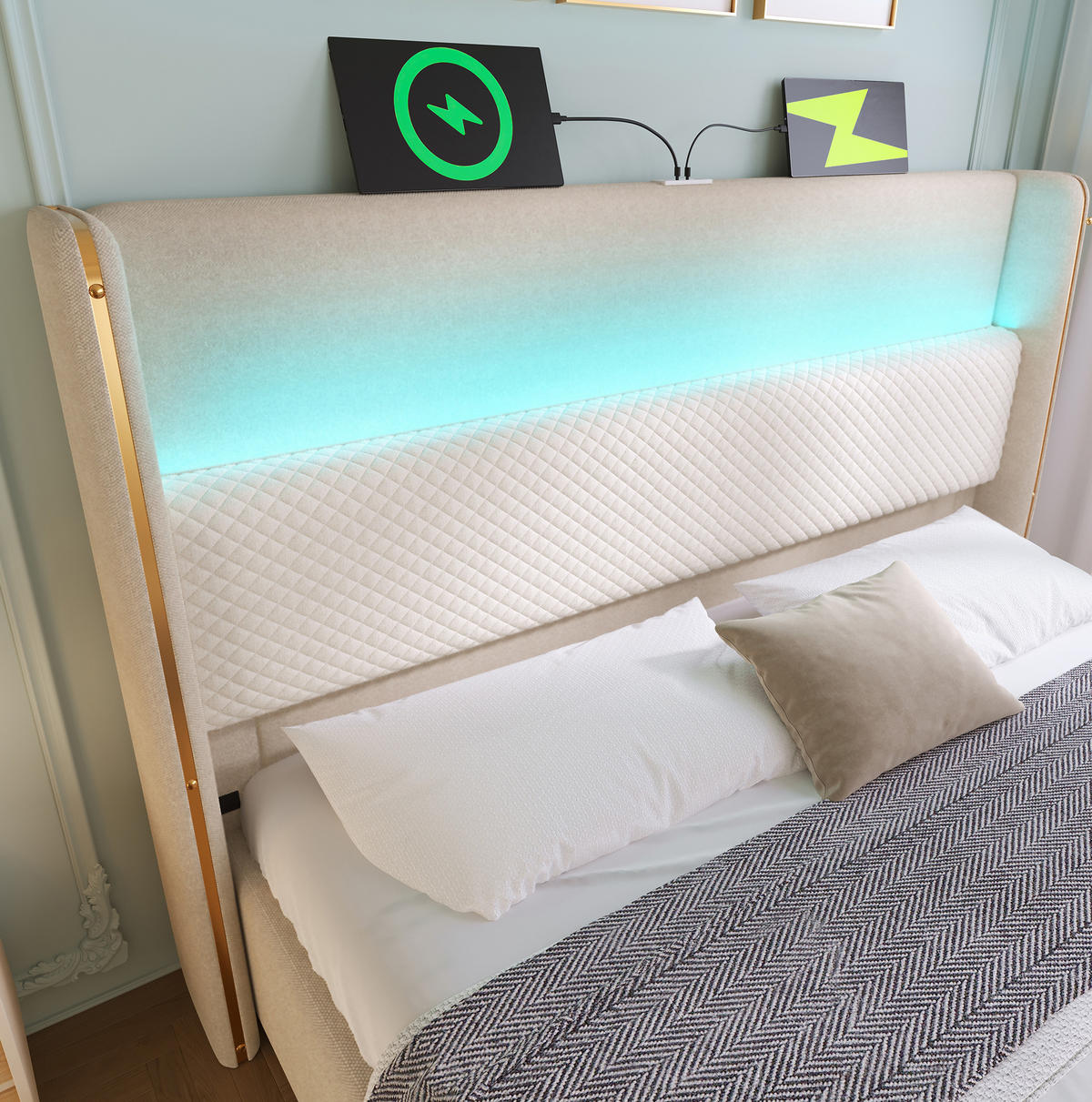 BETT mit Stauraum und LED 140x200 cm Leinenoptik Beige - Beige, Metall (140/200cm) - Meubliv