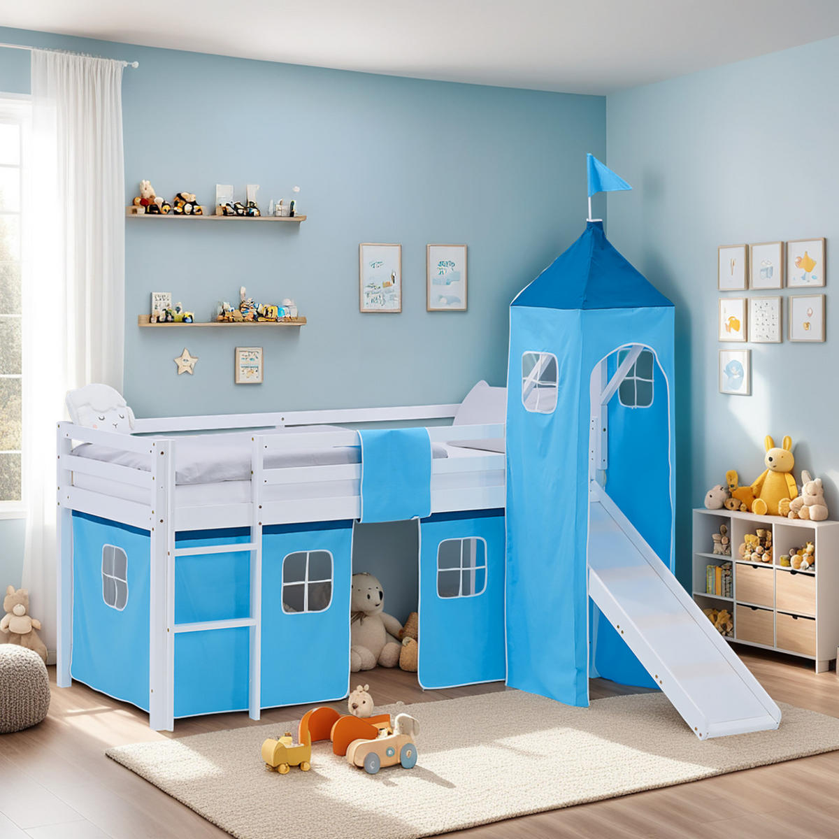 HOCHBETT 90/200 cm in weiß Rutsche Blau Lattenrost - Blau/Weiß, Holz/Textil (90/200cm) - Homestyle4u
