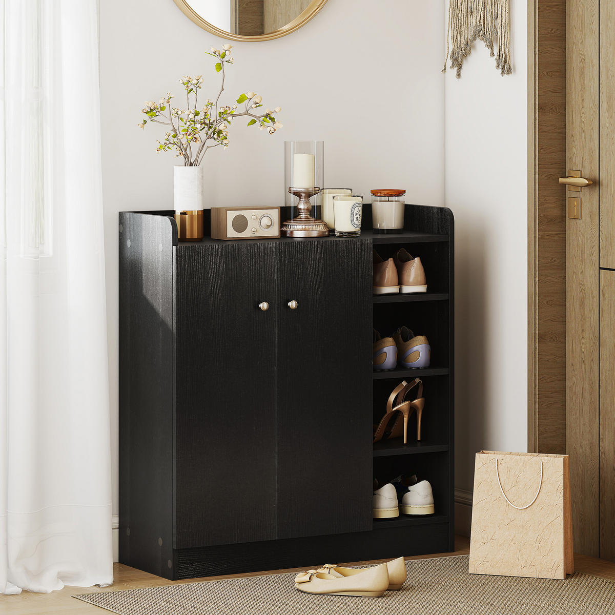 SCHUHSCHRANK DE-14973 4 offene Fächer & Doppelschrank mit 4 Einlegeböden Schwarz - Schwarz, Holzwerkstoff (83/90/30cm) - ComfortXL