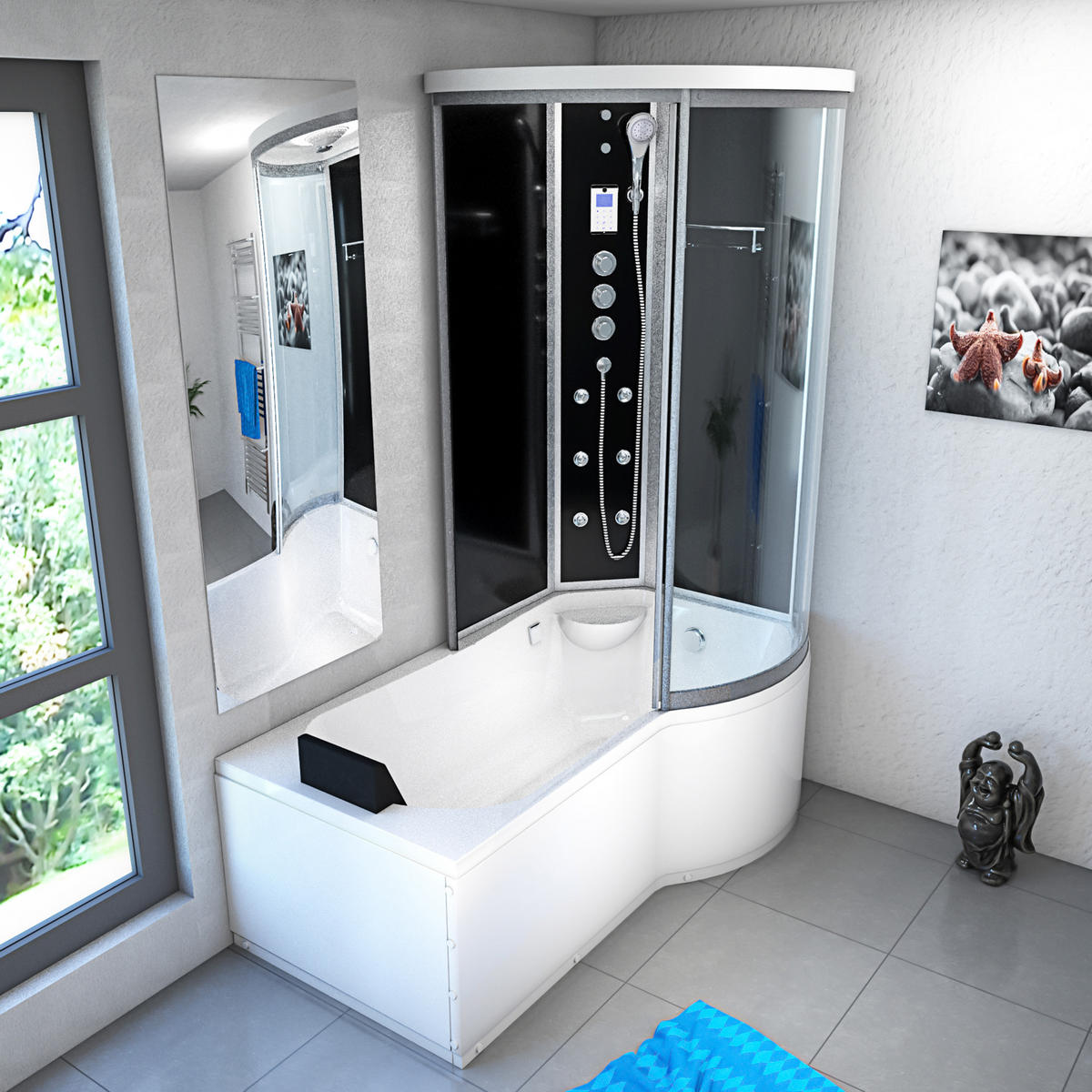 DUSCHKABINE mit Wanne K55-L33-EC Schwarz 170x100 - Schwarz, Glas/Kunststoff (170/98/220cm) - AcquaVapore by Sandra Jentho