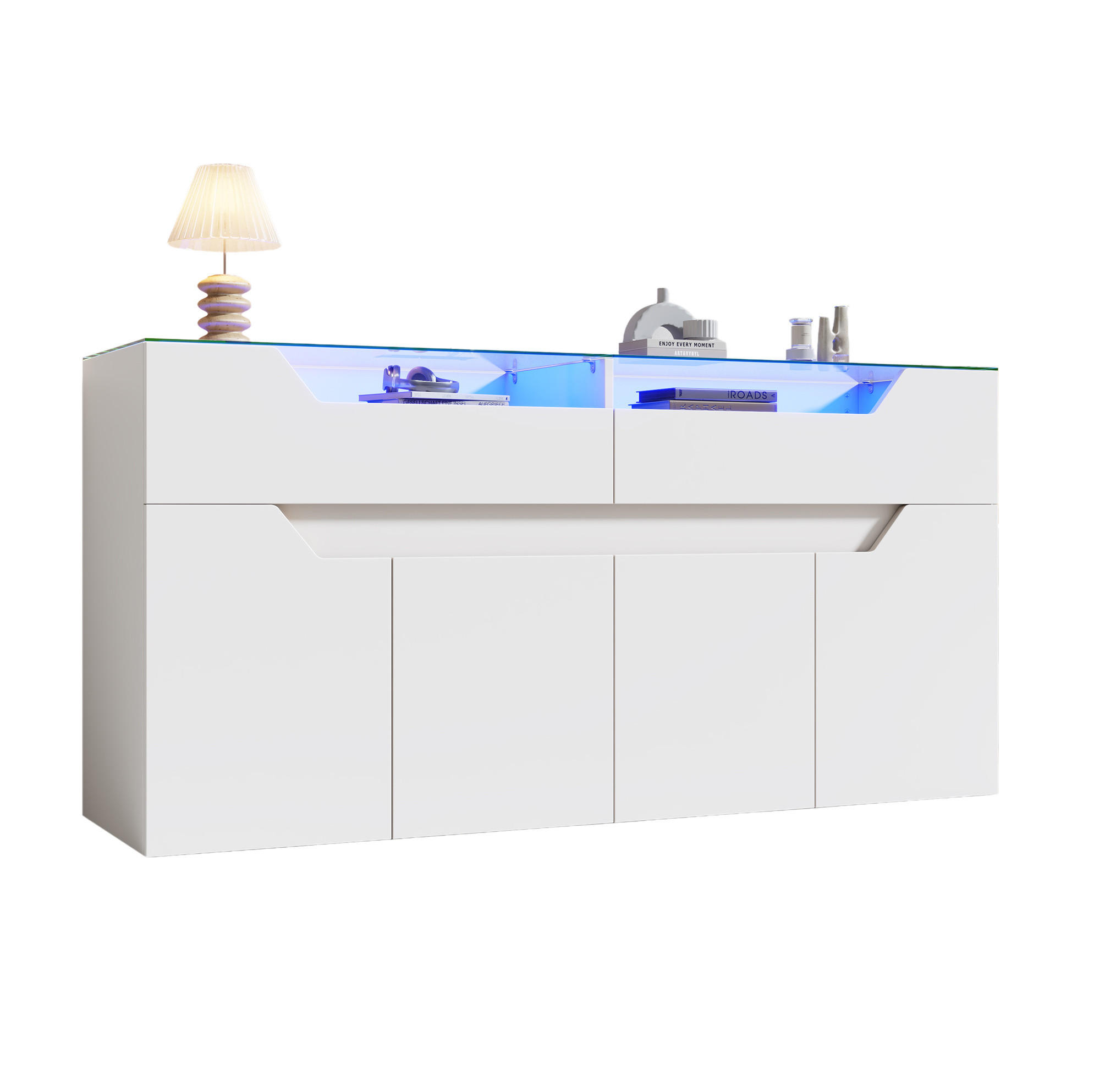 SIDEBOARD 140/40/70 cm weiß aus MDF mit Glasplatte und LED - Weiß, Holzwerkstoff (140/70/40cm) - OKWISH