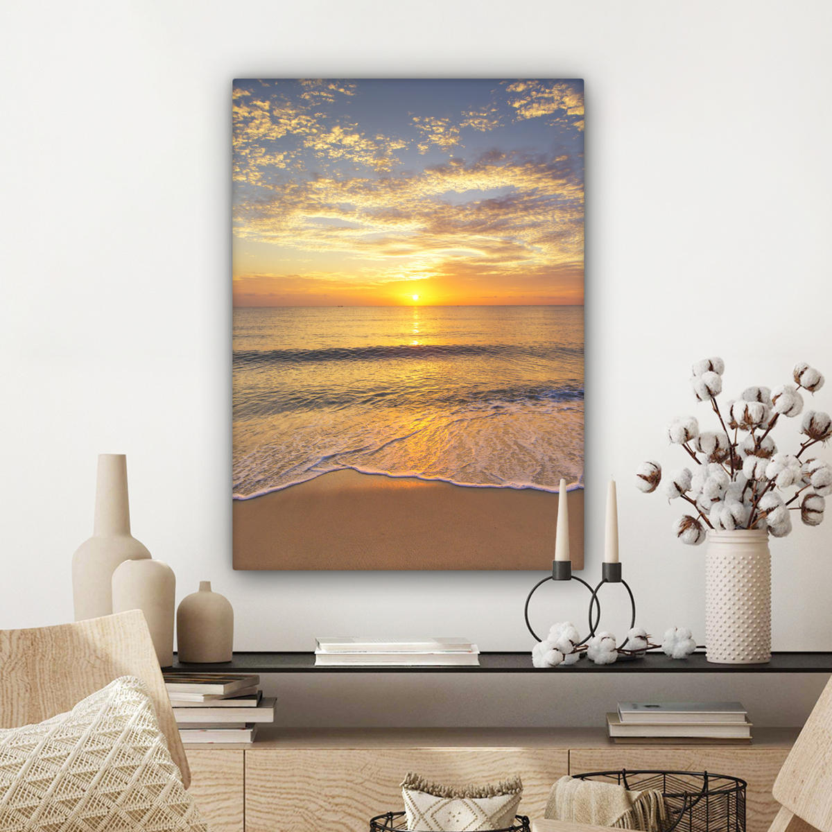 LEINWANDBILD Strand - Sonnenuntergang - Meer Wandbild Wohnzimmer 60x80 cm - Gelb, Textil (60/80cm) - MuchoWow