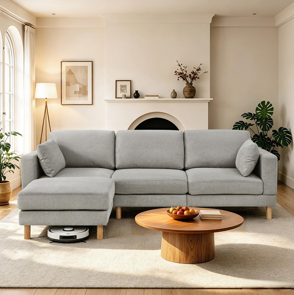 ECKSOFA L-förmiges 235/152/78 cm 3-Sitzer mit Hocker, Polyester-Bezug, Hellgrau - Hellgrau, Textil (152/253cm) - Redom
