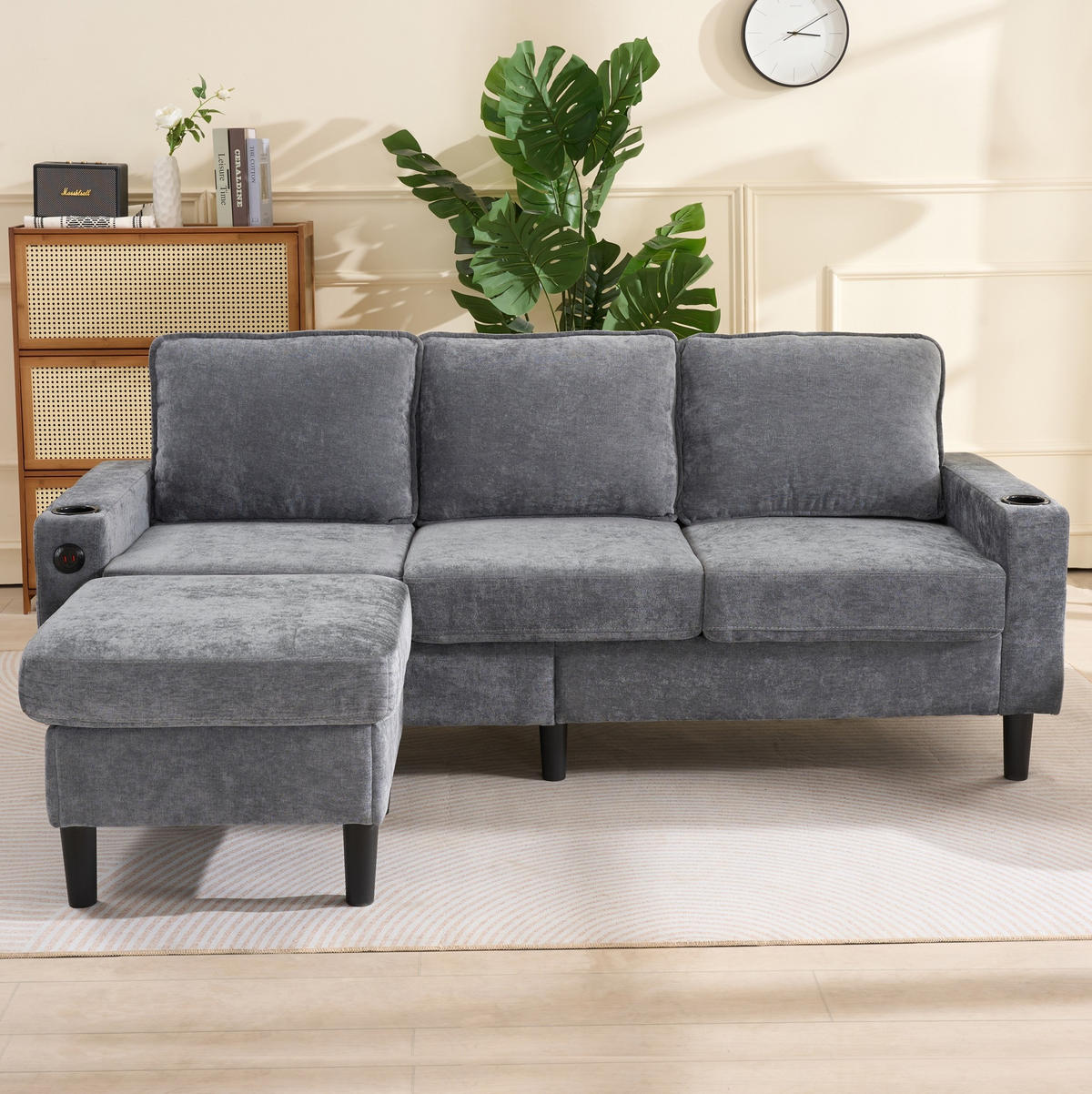SOFA L-Form mit USB, Typ-C und Hocker 202 x 137 cm Leinen Grau - Grau, Kunststoff (137/202cm) - Meubliv