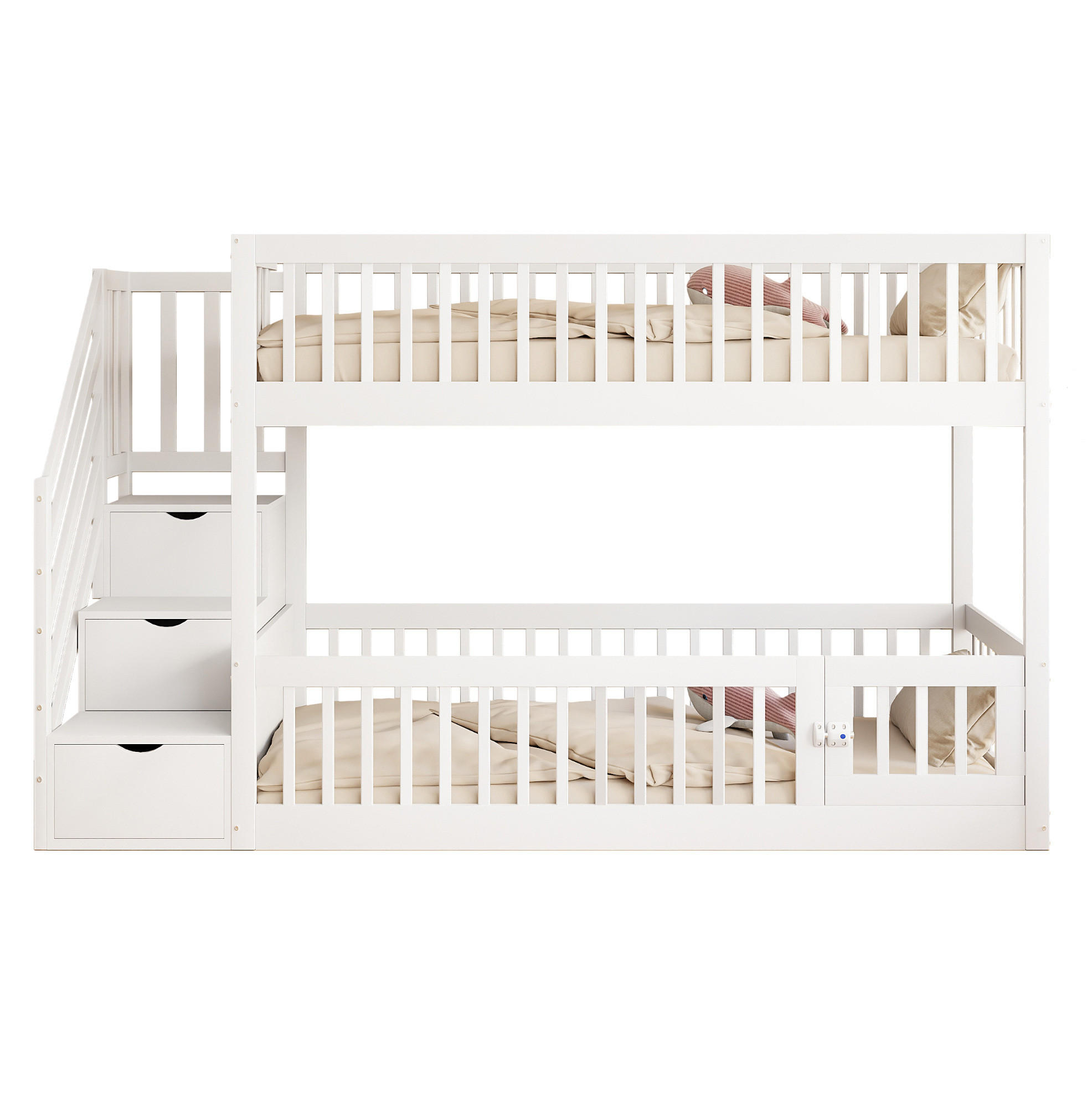 ETAGENBETT 90/200 cm mit Stauraumtreppe, Schubladen und Spielbereich, Weiß - Weiß, Holzwerkstoff (90/200cm) - Redom