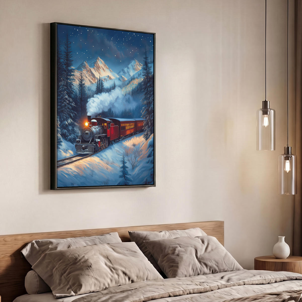 LEINWAND Bilder mit Rahmen - Zug - Weihnachten - Schnee - Weihnachtszug - 70x100 - Anthrazit, Textil (70/100cm) - MuchoWow