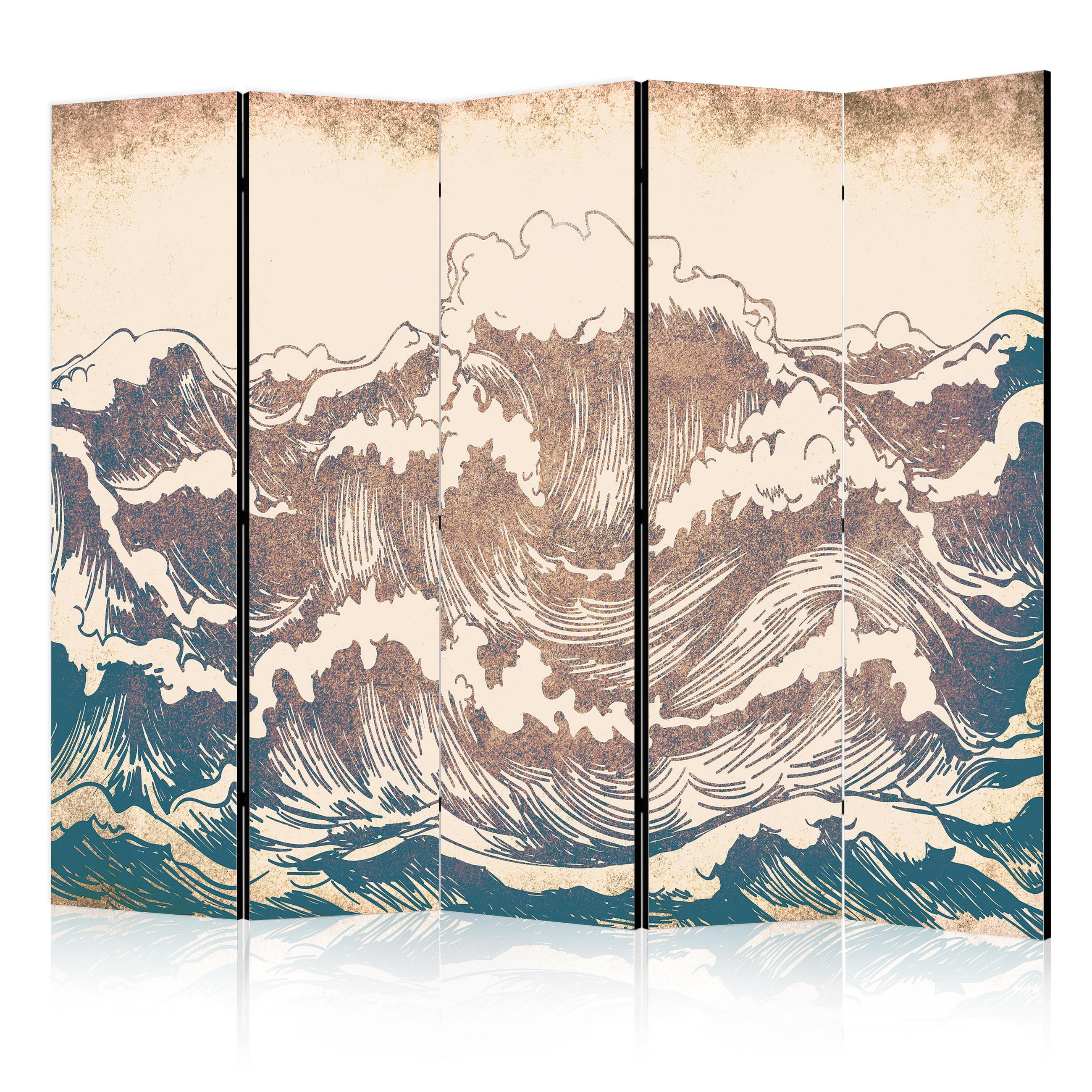 PARAVÁN Jednostranný 5-dielny 225x172 cm Oceánske Vlny Retro - béžová, drevo/textil (225/172/3cm) - Muralo