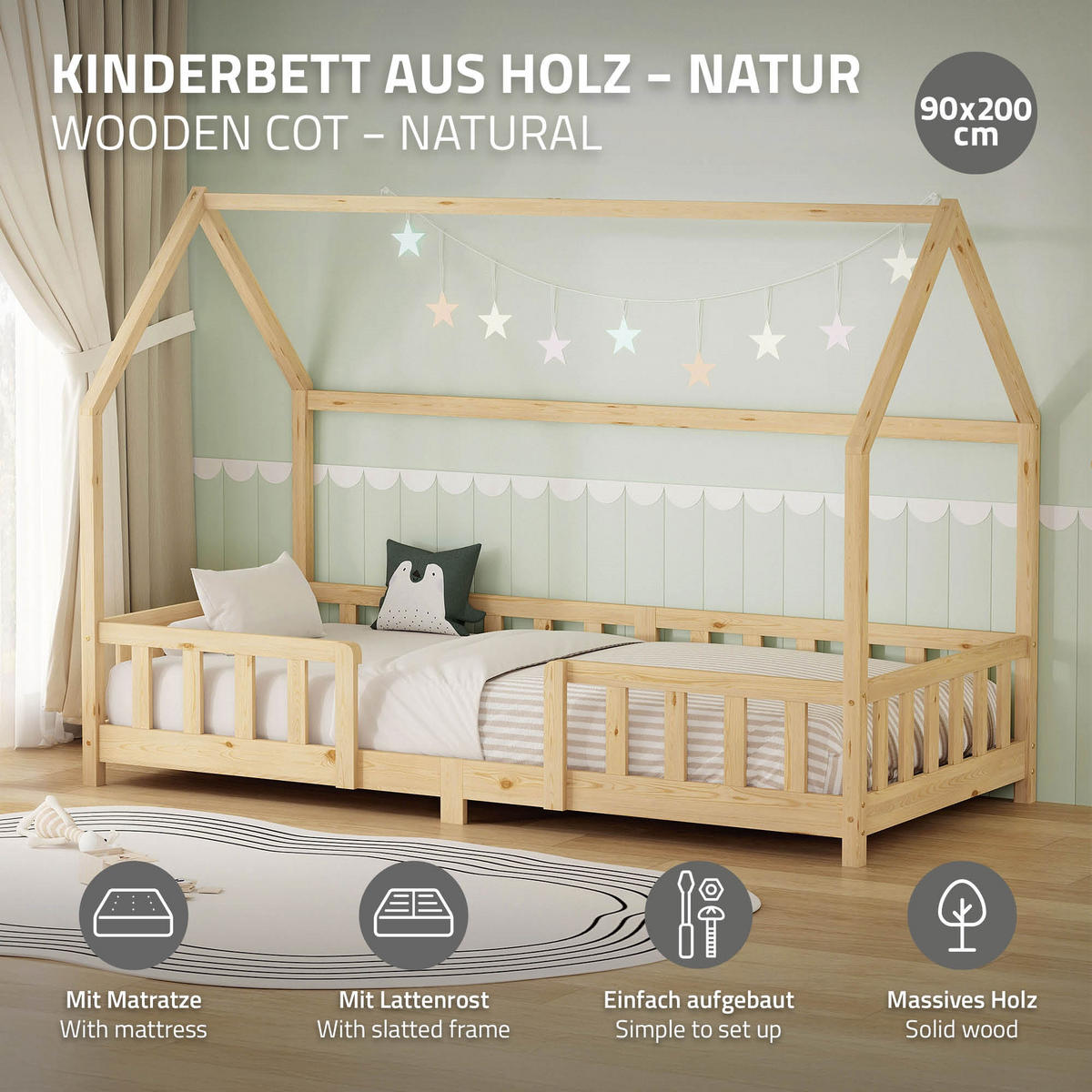 DĚTSKÁ postel 90x200 cm s matrací a ochrannou bočnicí, přírodní borovicové dřevo - přírodní, dřevo (90/200cm) - ML-DESIGN
