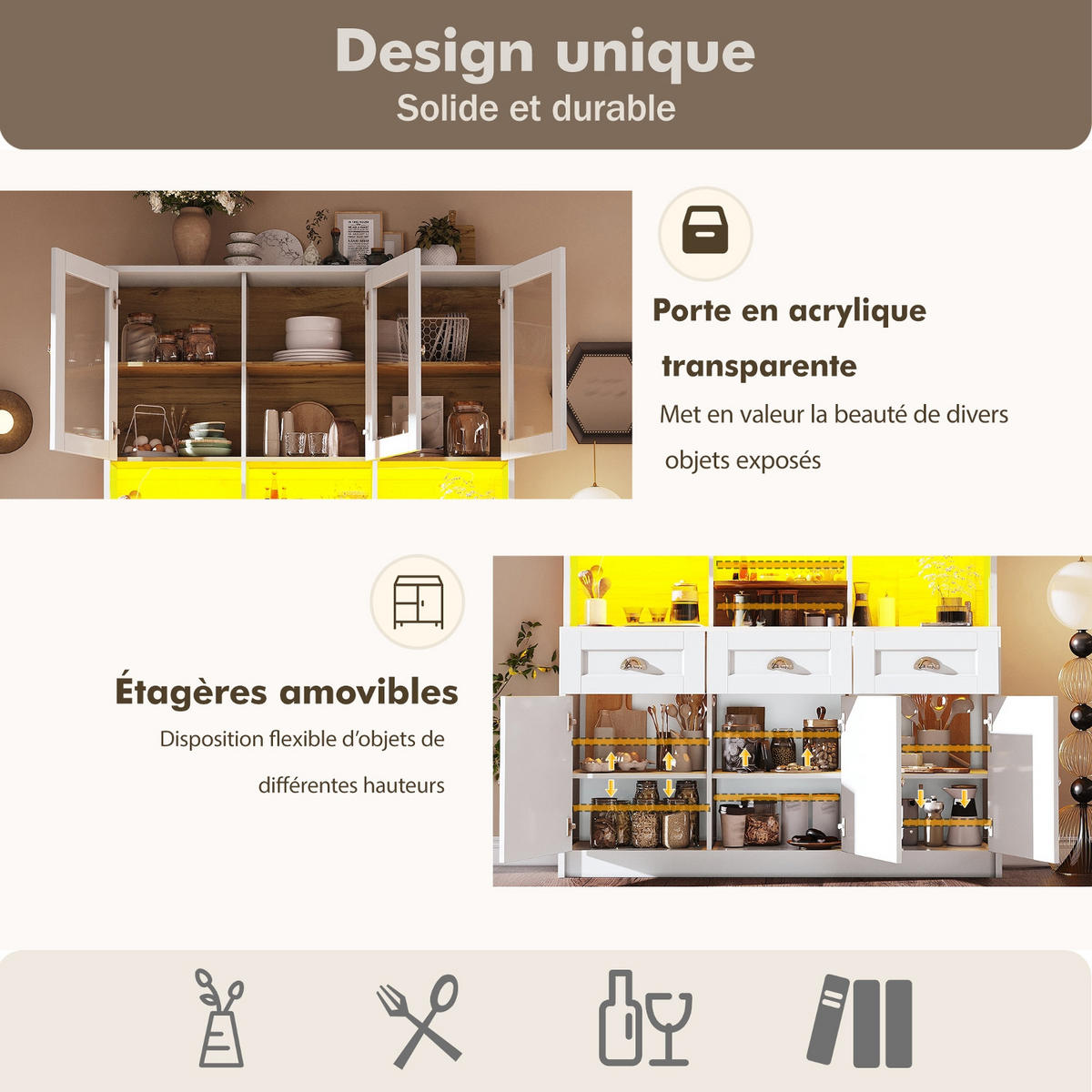 KÜCHENSCHRANK Küchenbuffet Weiß Schwarz, 140/175/40 cm, MDF, MIT LED-BELEUCHTUNG, für Esszimmer und Küche - Weiß, Holzwerkstoff (40/175/140cm) - Rolipo