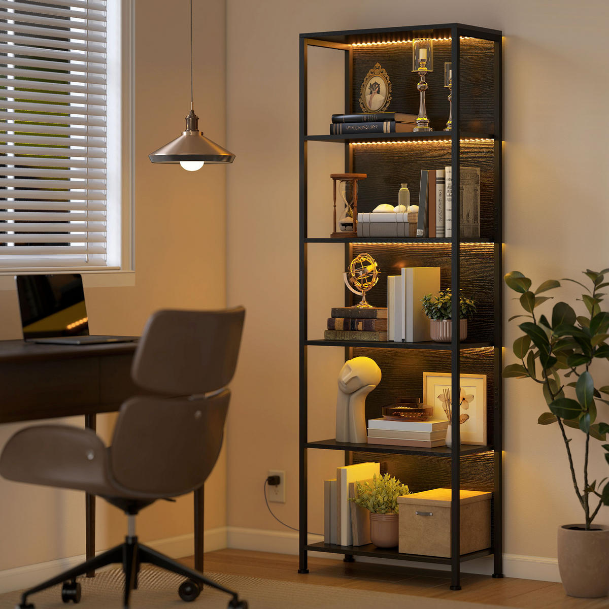 BÜCHERREGAL mit 5 Ebenen Standregal mit LED-Beleuchtung, 7 Lichtfarben, Schwarz - Schwarz, Holzwerkstoff/Metall (30/179/60cm) - HOMCOM