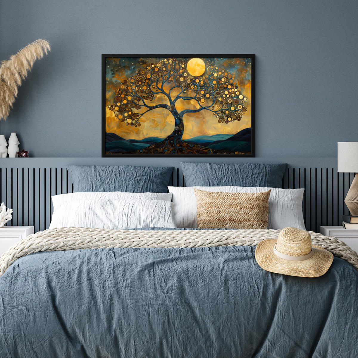 POSTER MIT RAHMENGERAHMTES BILD Baum - Mond - Blumen - Gold - Kunst 90x60 cm - Orange, Papier (90/60cm) - MuchoWow