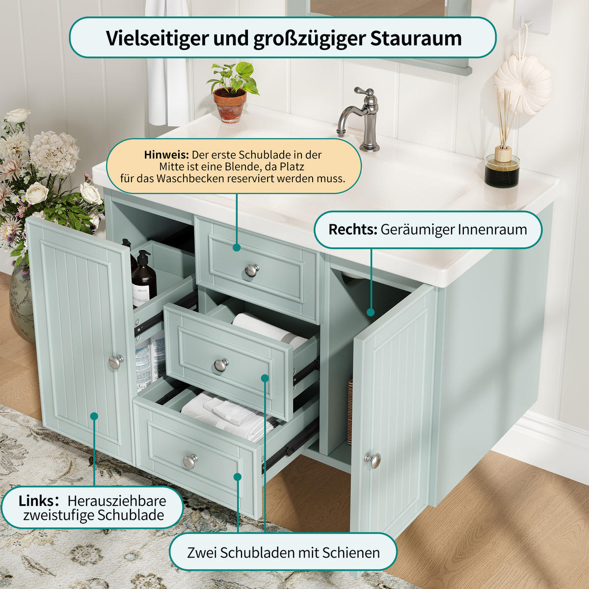 WASCHTISCH 78.5x46x46.8cm Grün Mit 3 Schubladen & Waschbecken - Grün, Holzwerkstoff (46/46.8/78.5cm) - FLIEKS