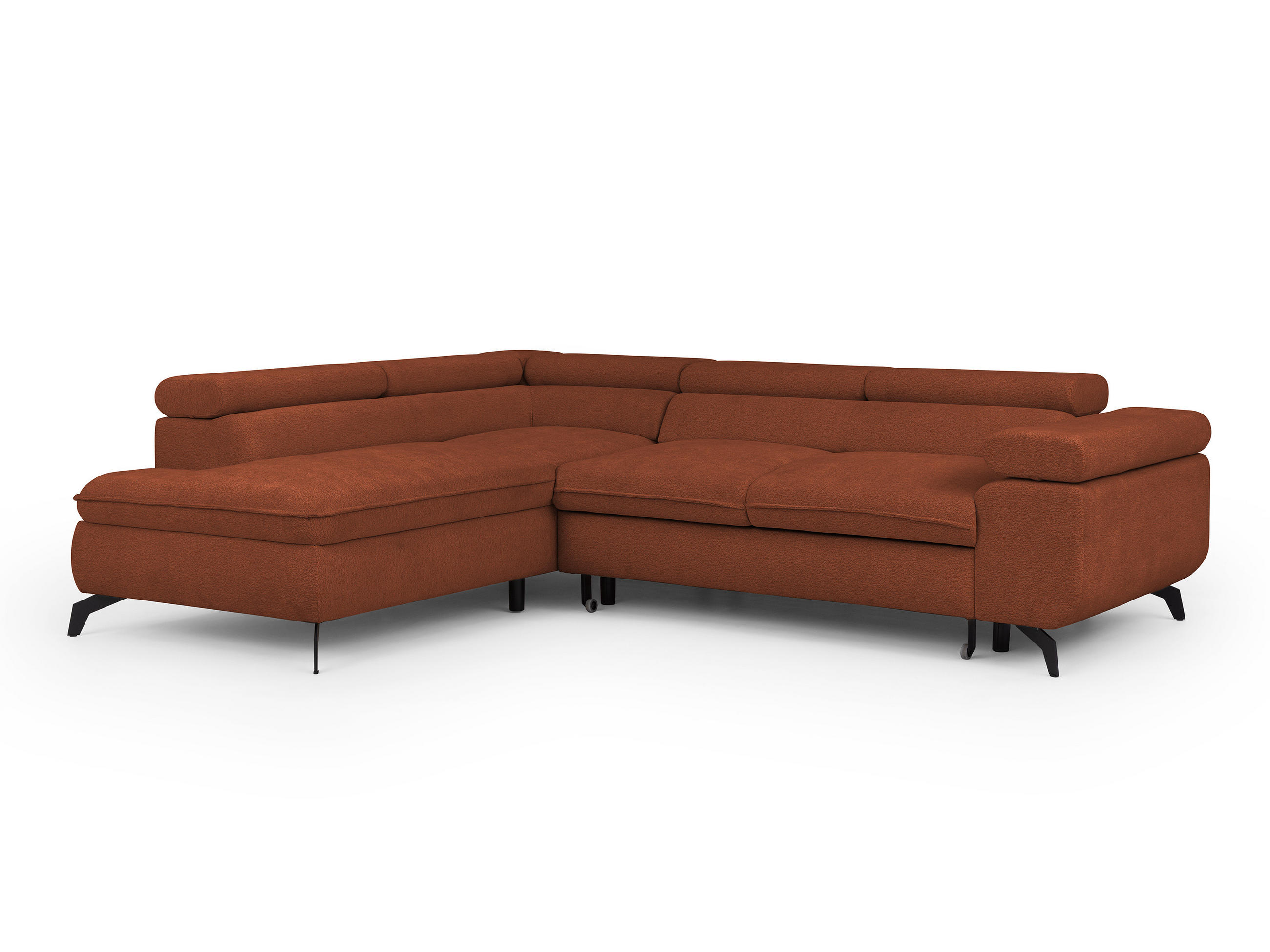 ECKSOFA mit Schlaffunktion und Bettkasten Bonnie aus Terrakotta Chenille-Stoff mit verstellbaren Kopfstützen und Armlehne - Ottomane links - Terracotta/Schwarz, Holz/Textil (275/210cm) - S-Style Möbel