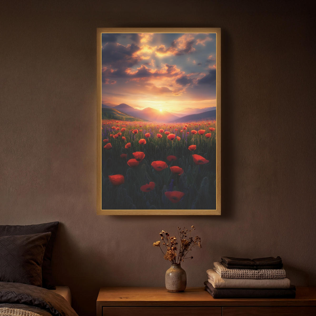 WANDLEUCHTE MIT AKKU Landschaft - Sonnenuntergang - Blumenfeld 40x60 cm - Rot, Holzwerkstoff (40/60/8cm) - OnlyWow