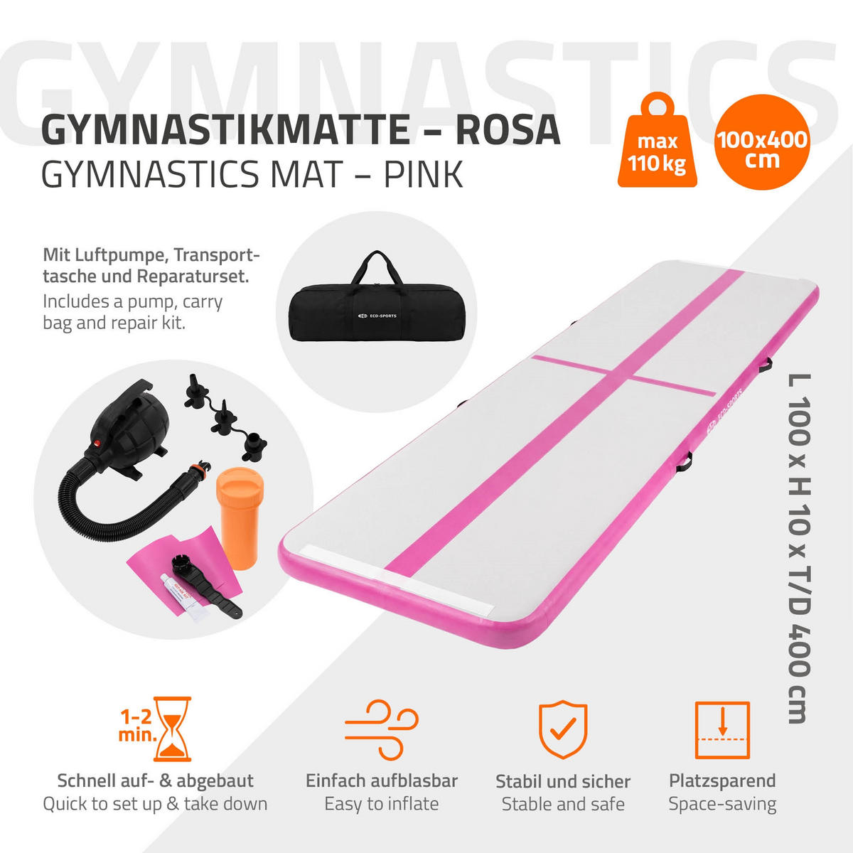NAFUKOVACÍ gymnastická podložka Airtrack 400x100x10 cm růžová - růžová, plast (100/400cm) - ECD-Germany