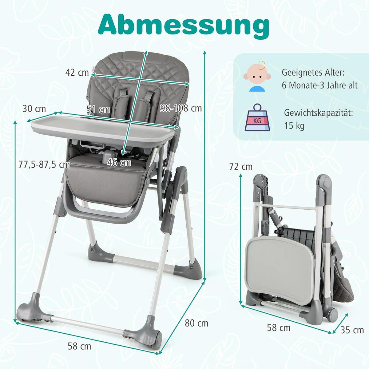 KINDERHOCHSTUHL mit Liegebereich grau - Grau, Kunststoff (80/98/58cm) - COSTWAY