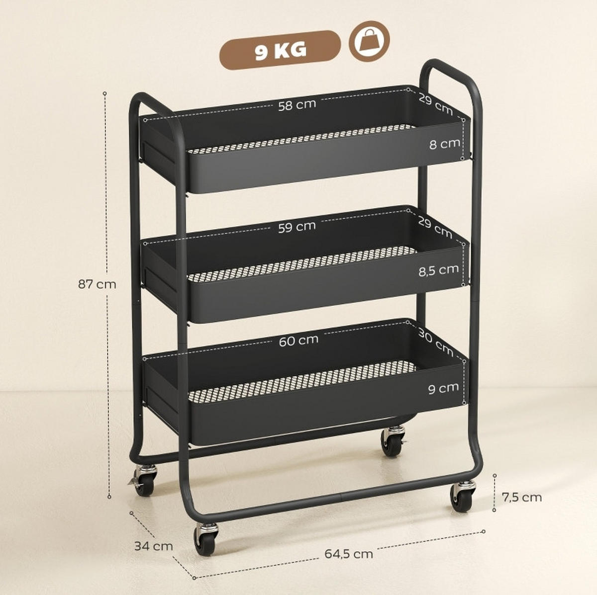 SERVIERWAGEN 64,5/87/34 cm Schwarz aus Metall mit 3-stufiger Aufbewahrung - Schwarz, Metall (34/87/64.5cm) - OKMYHOME