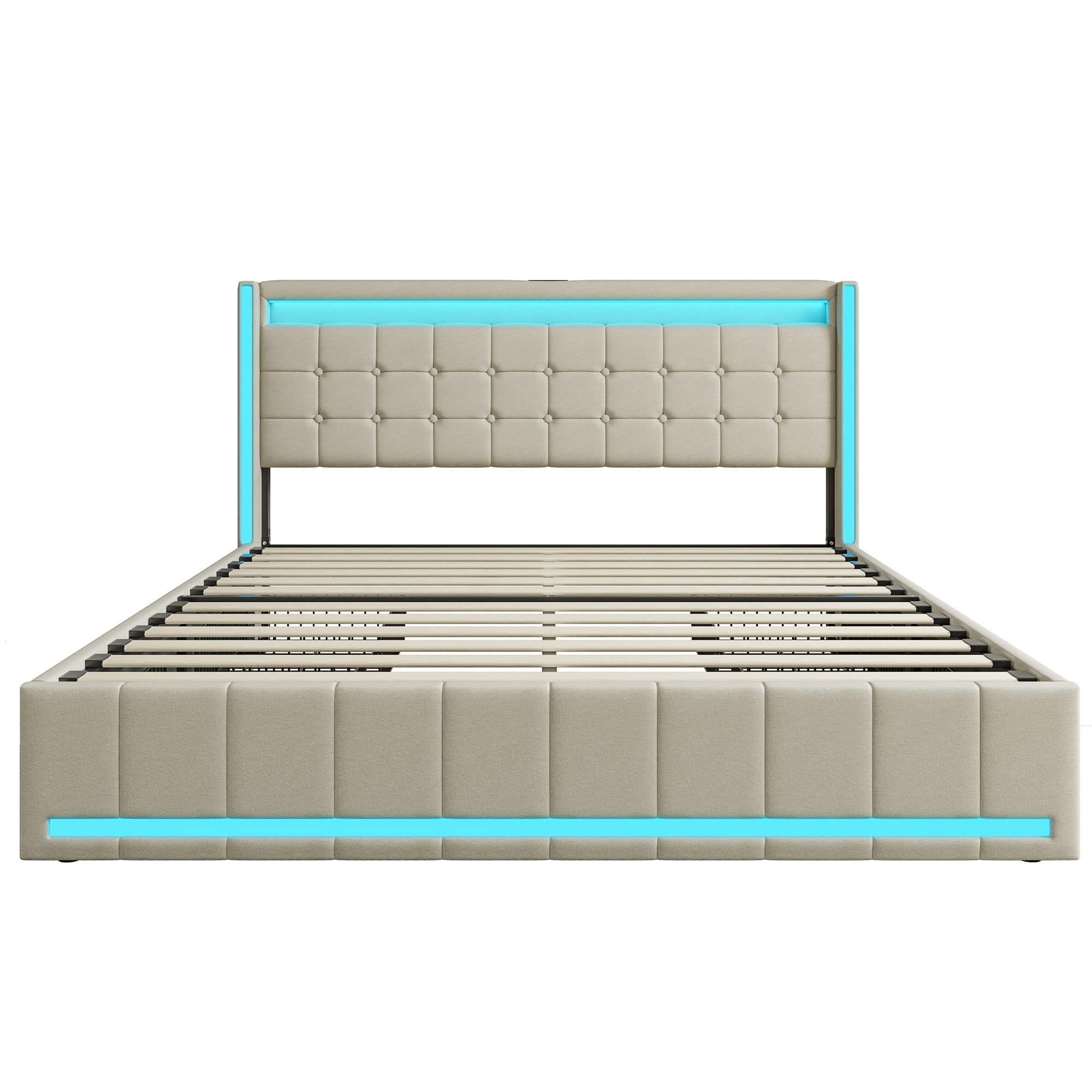 POLSTERBETT 160x200 cm mit 4 Schublade, Doppelbett 160x200 cm mit LED und USB, Lattenrost, Bett 160x200, Beige Leinenstoff - Beige, Holzwerkstoff/Textil (160/200cm) - GENKI LIVING