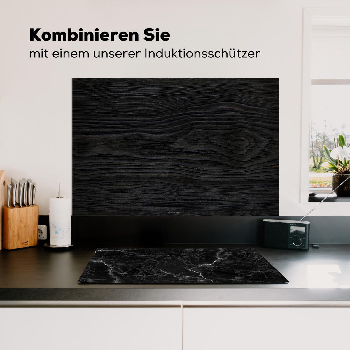 SPRITZSCHUTZ KÜCHE Schwarz - Holzoptik 80x55 cm - Schwarz, Metall (80/0.3/55cm) - MuchoWow