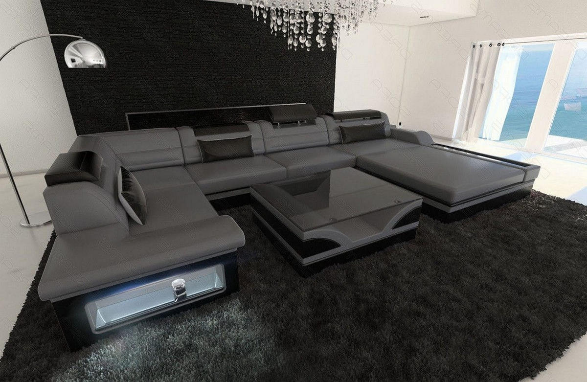 SOFA Mezzo U Grau Schwarz Büffelleder - Grau, Leder (372/78/214cm)
