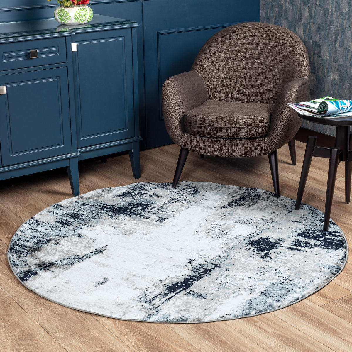 KURZFLORTEPPICH Rund Ø 160 cm Blau - Blau/Weiß, Naturmaterialien/Textil (160/160cm) - LIVABLISS
