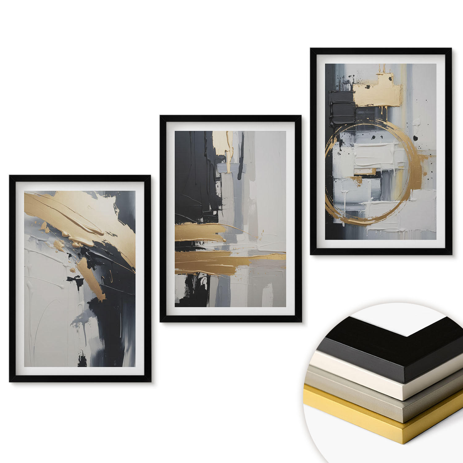 WANDBILDER 3er-Set - 40x60 cm Schwarzer Rahmen - Abstrakte Schwarz-Weiß-Malerei - Schwarz, Kunststoff (40/60cm) - ArtPrintCave