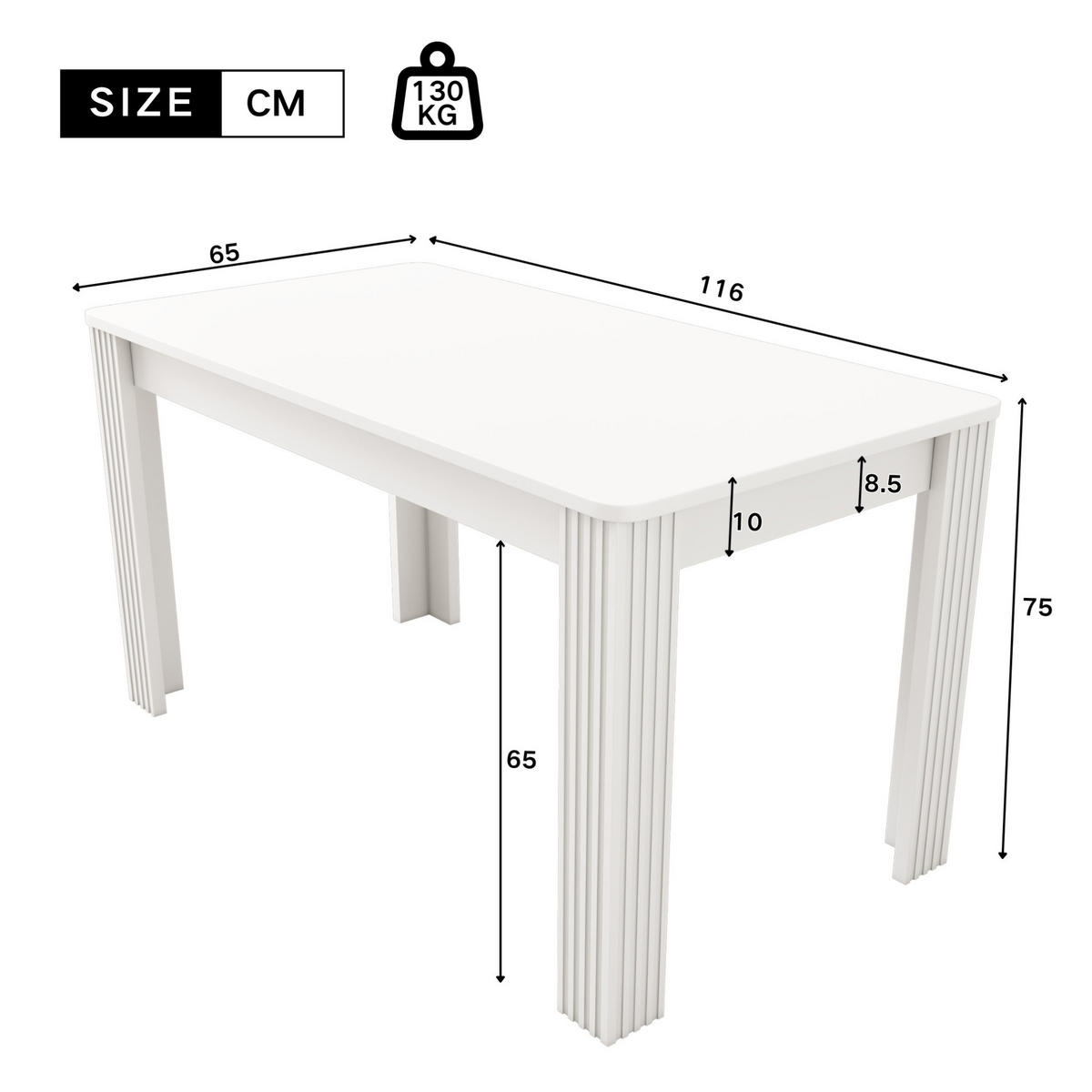 JÍDELNÍ stůl bílý z dřevotřísky se stabilní konstrukcí - bílá, kompozitní dřevo (116/65/75cm) - OKWISH
