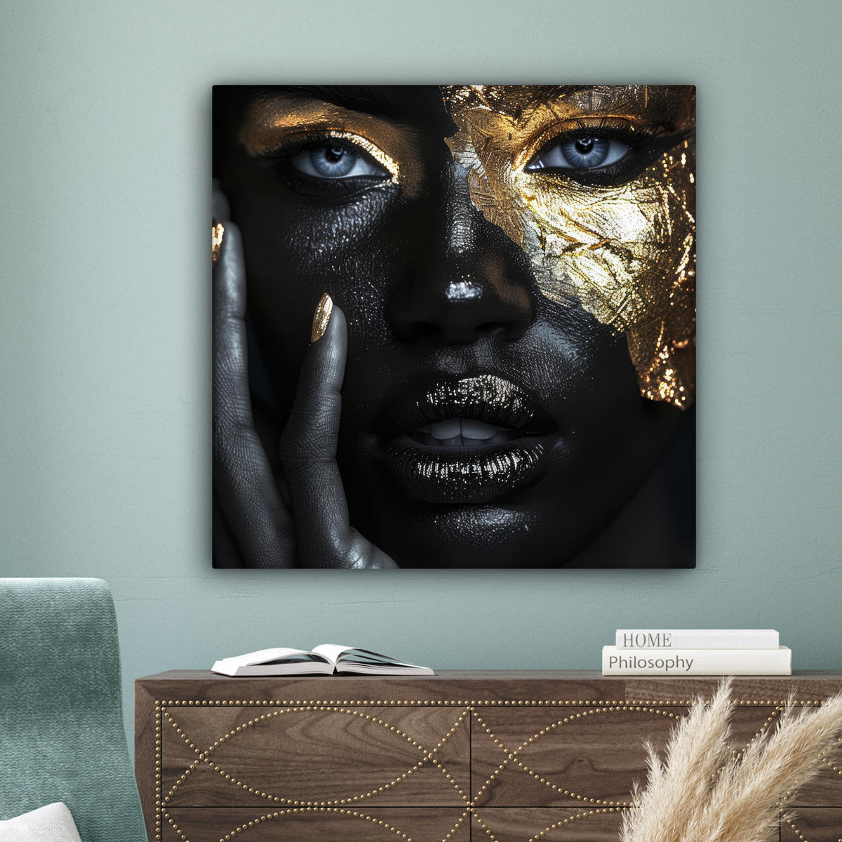 LEINWANDBILD Frau - Gold - Porträt - Schwarz-Weiß - Luxus 90x90 cm - Hellblau, Textil (90/90cm) - MuchoWow