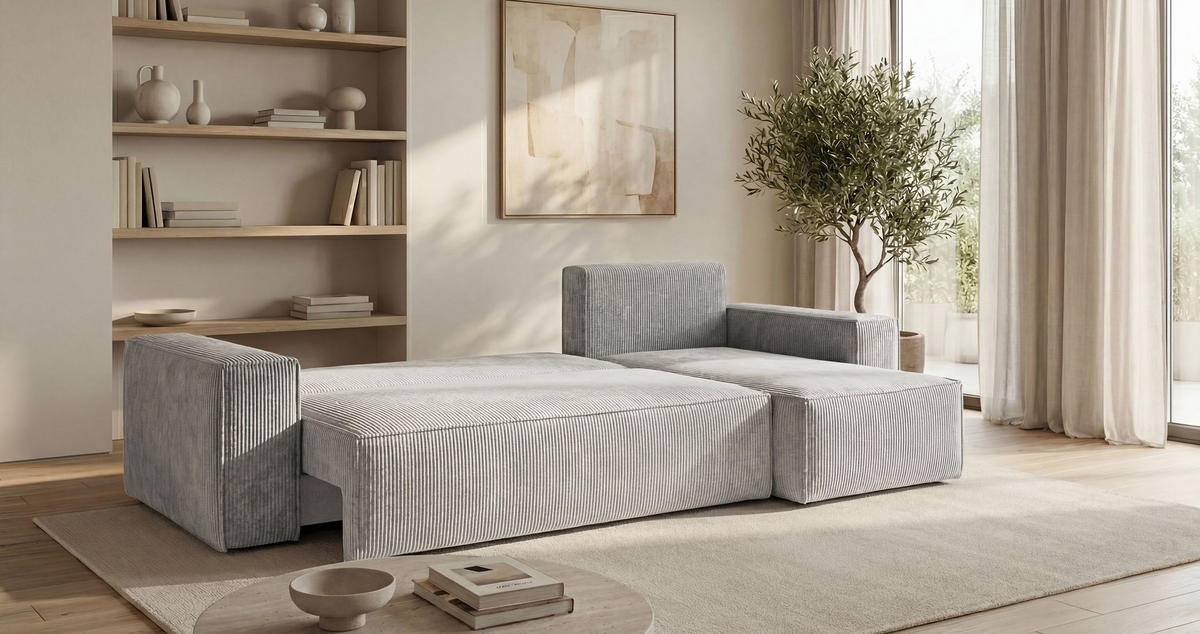 ROHOVÁ pohovka CALIFORNIA MINI pravá šedá manšestr Poso 55 - funkce spaní, úložný prostor - šedá, textil (245/139cm) - Cornero