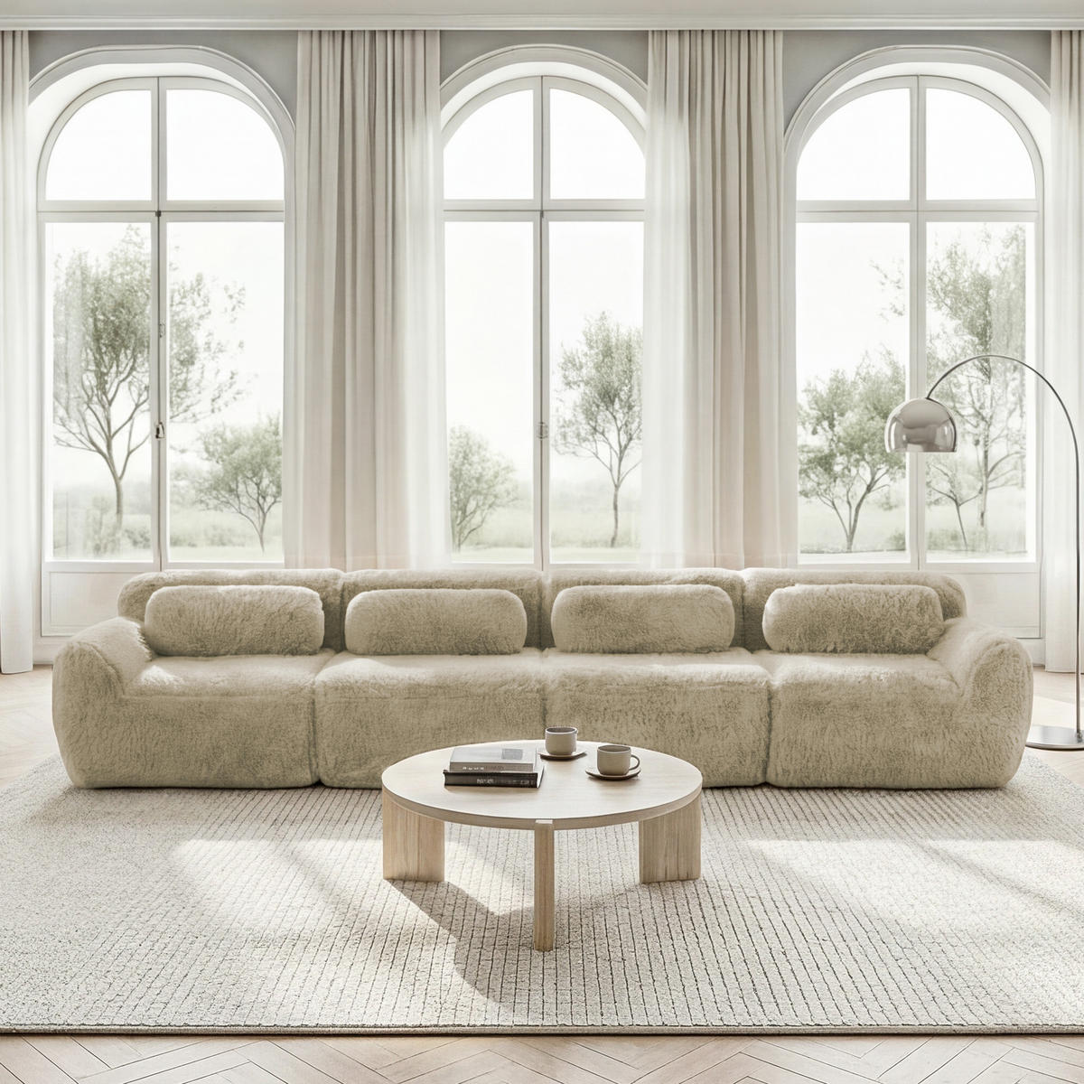4-SITZER SOFA Plüsch Hellkhaki mit Kissen - Beige, Textil (378/73/104cm) - WISHDOR