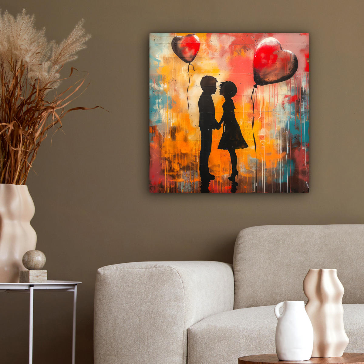 LEINWANDBILD Straßenkunst - Liebe - Graffiti - Kunst - Banksy 50x50 cm - Orange, Textil (50/50cm) - MuchoWow