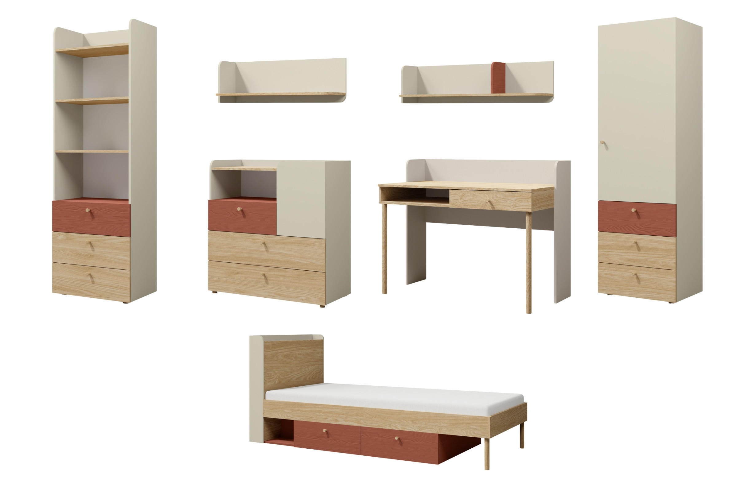 JUGENDZIMMER-SET YOGI B 7-teilig in Graubeige / Geölte Eiche / Koralle - Greige/Koralle, Holzwerkstoff (427/185/217cm) - Deine Möbel 24