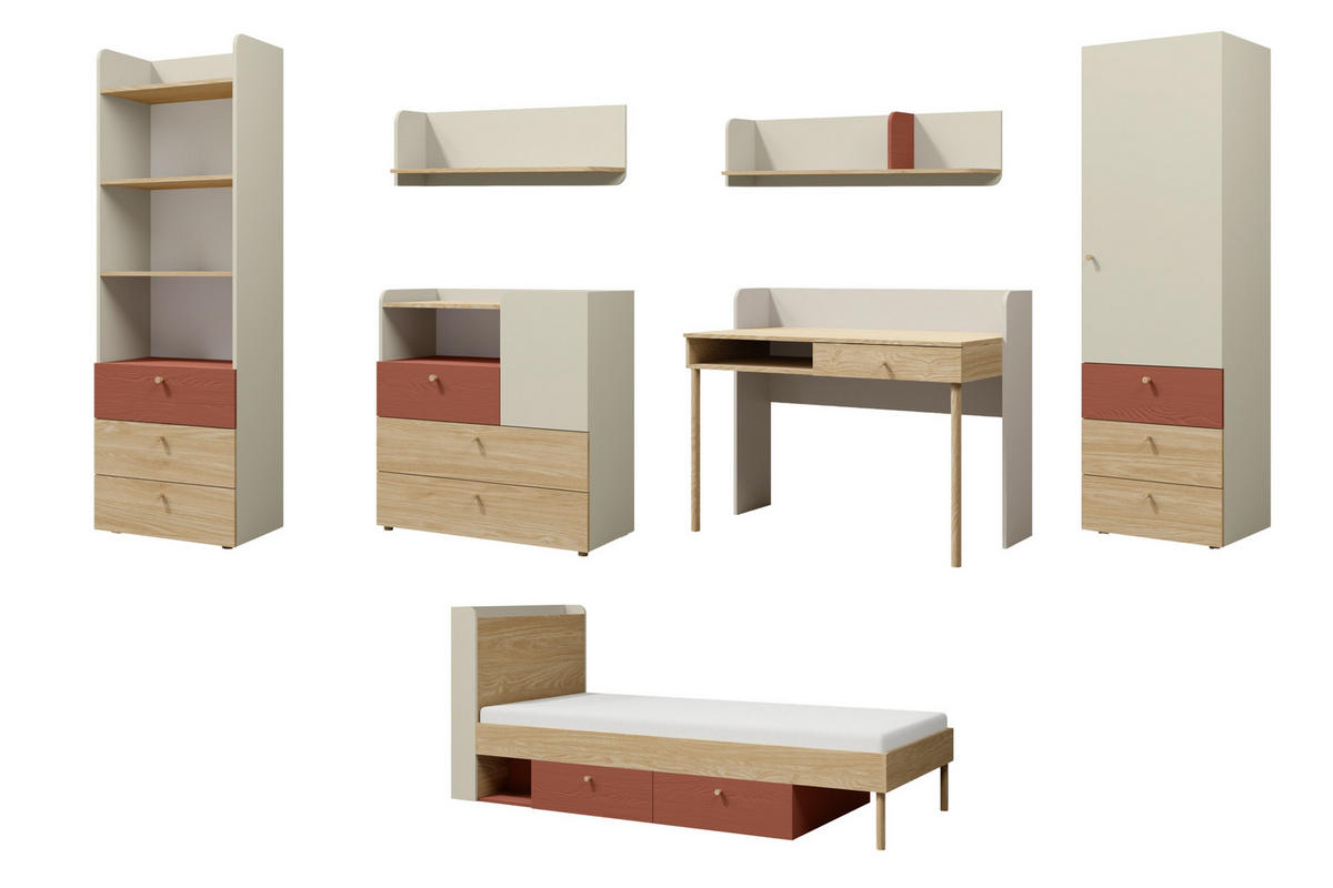JUGENDZIMMER-SET YOGI B 7-teilig in Graubeige / Geölte Eiche / Koralle - Greige/Koralle, Holzwerkstoff (427/185/217cm) - Deine Möbel 24