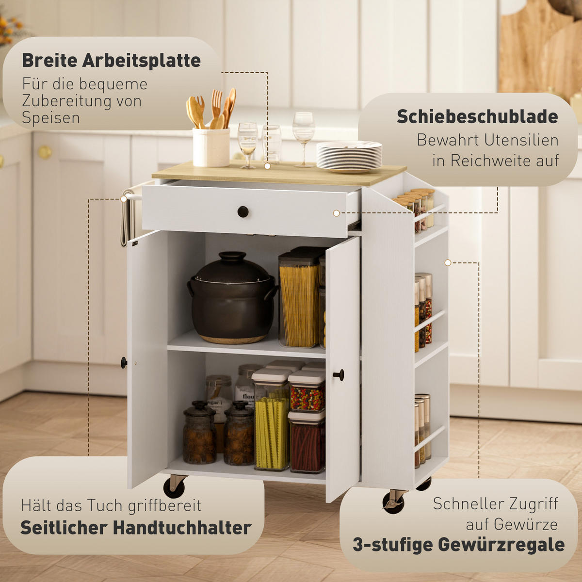 KÜCHENWAGEN mit Schublade, Schrankfach, Gewürzregal, Handtuchstange, Weiß/Eiche - Schwarz/Weiß, Holz/Holzwerkstoff (38/86.5/82cm) - HOMCOM