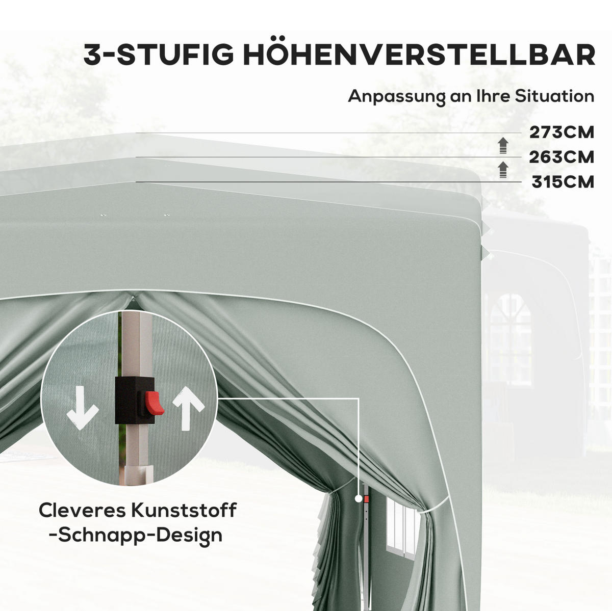 FALTPAVILLON 300/300/273 cm höhenverstellbar mit 4 Seitenteilen und UV-Schutz 50+, aus Polyester, Hellgrau - Hellgrau, Textil (300/273/300cm) - Redom
