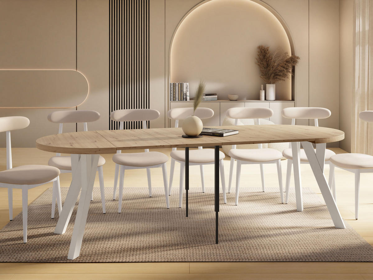 ESSTISCH Vero Weiß rund ausziehbar verlängerbar, Eiche Artisan Hellbraun 100-300/100/77 cm - Weiß/Eiche Artisan, Holz/Holzwerkstoff (100/100/77cm) - WFL GROUP