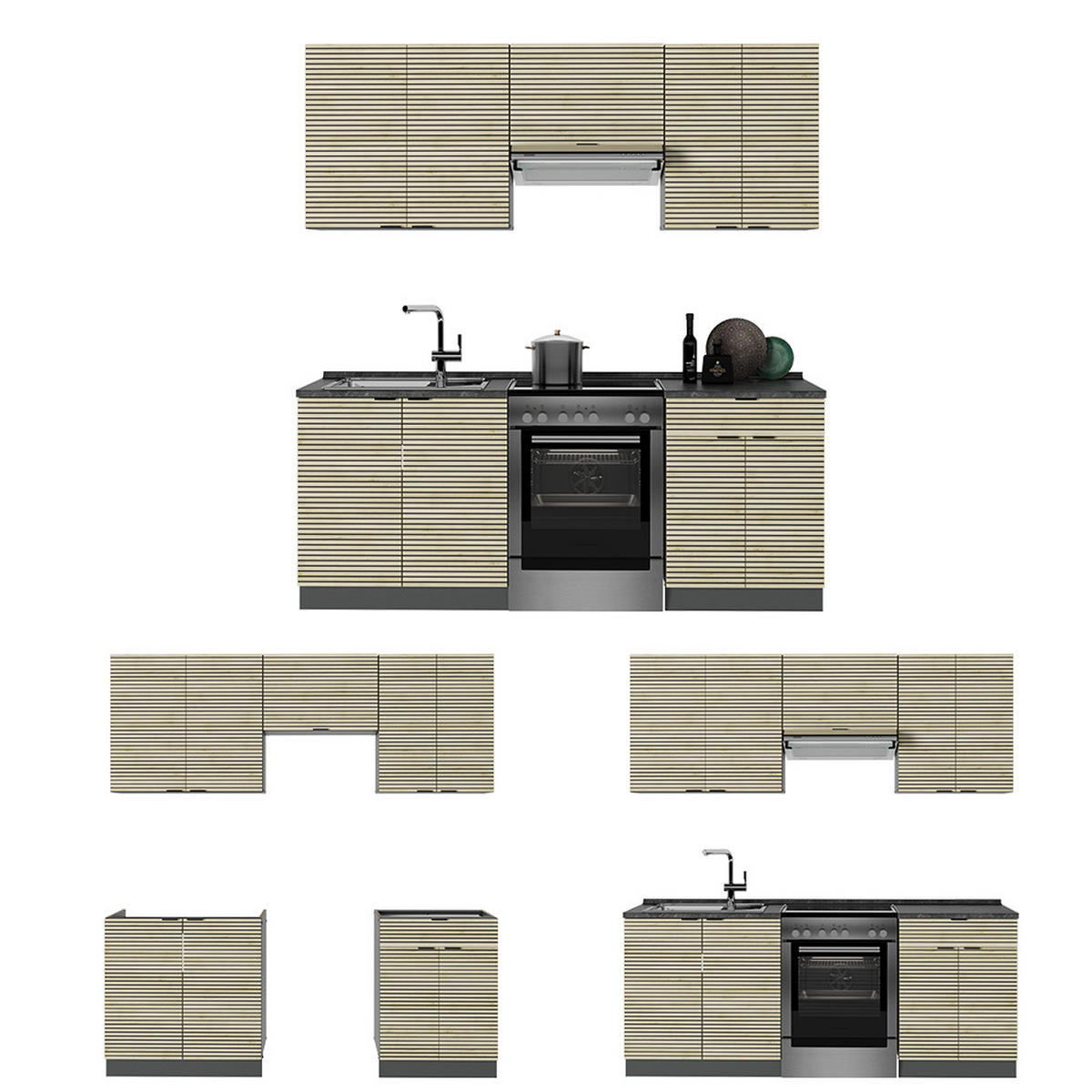 KÜCHENZEILE Fame-Line Eiche Paneel/Anthrazit 200 cm ohne Arbeitsplatte - Hellbraun/Anthrazit, Holzwerkstoff (200/81.6/46cm) - Vicco