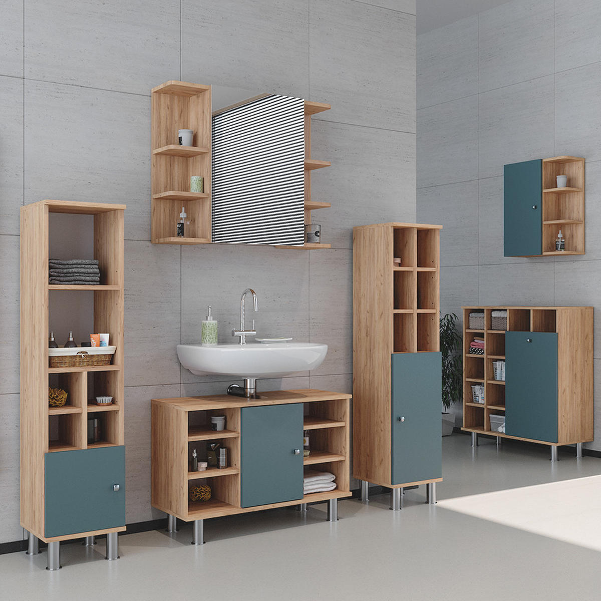 BADMÖBEL-SET Fynn Grün 2 Teile, Unterschrank 80 cm - Honigeiche/Grün, Holzwerkstoff (60/54/32cm) - Vicco