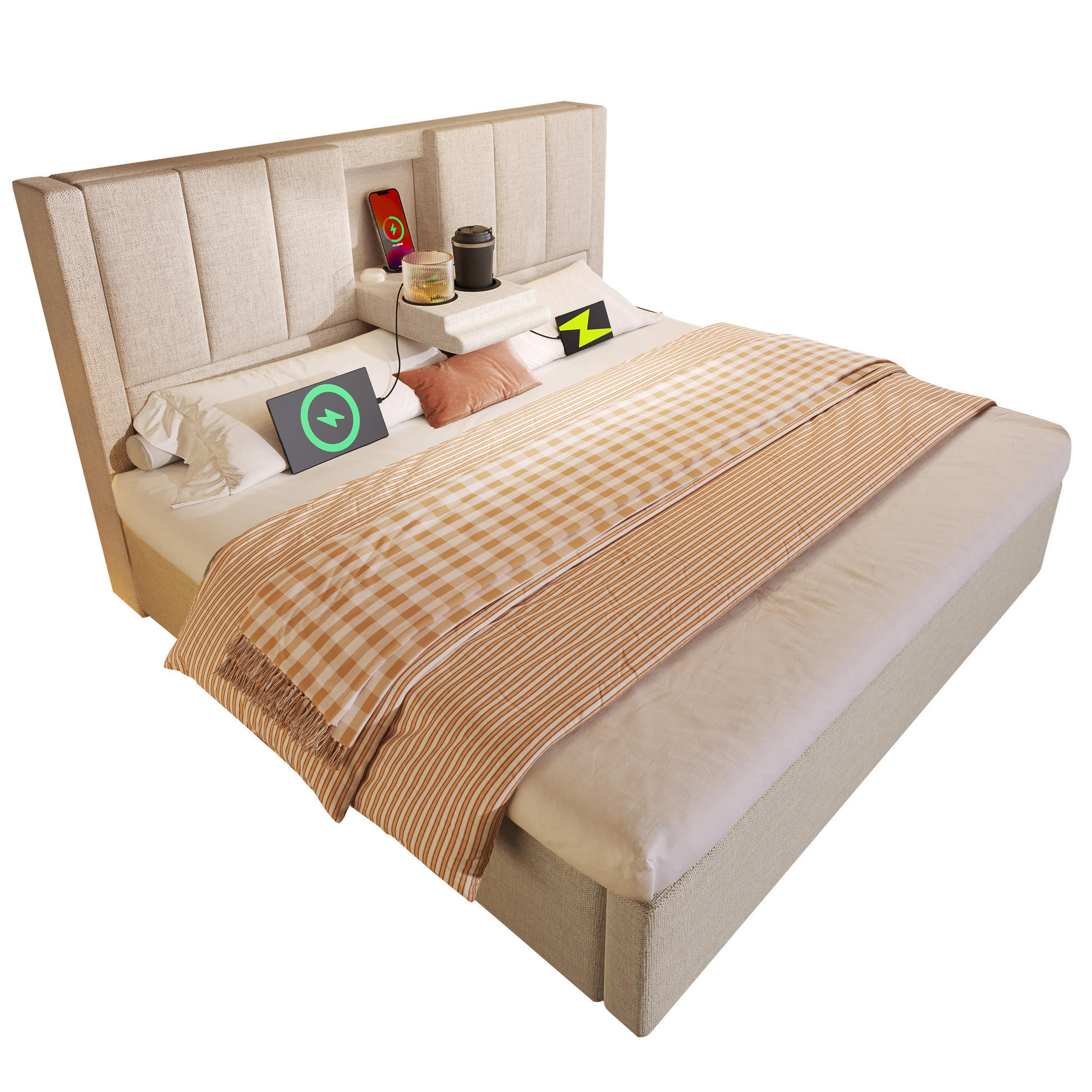 POLSTERBETT 180/200 cm aus Leinen mit Stauraum und Ladestation Beige - Beige, Textil (180/200cm) - Modenvie