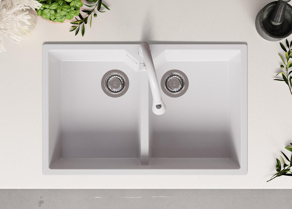 GRANITSPÜLE Madrid Twin, 2-er set Weiß 78/50 cm 2 Becken + Küchenarmatur 40/20 cm + Ablauf-Set ab 80er Unterschrank - Chromfarben/Weiß, Kunststoff (78/19/50cm) - Primagran