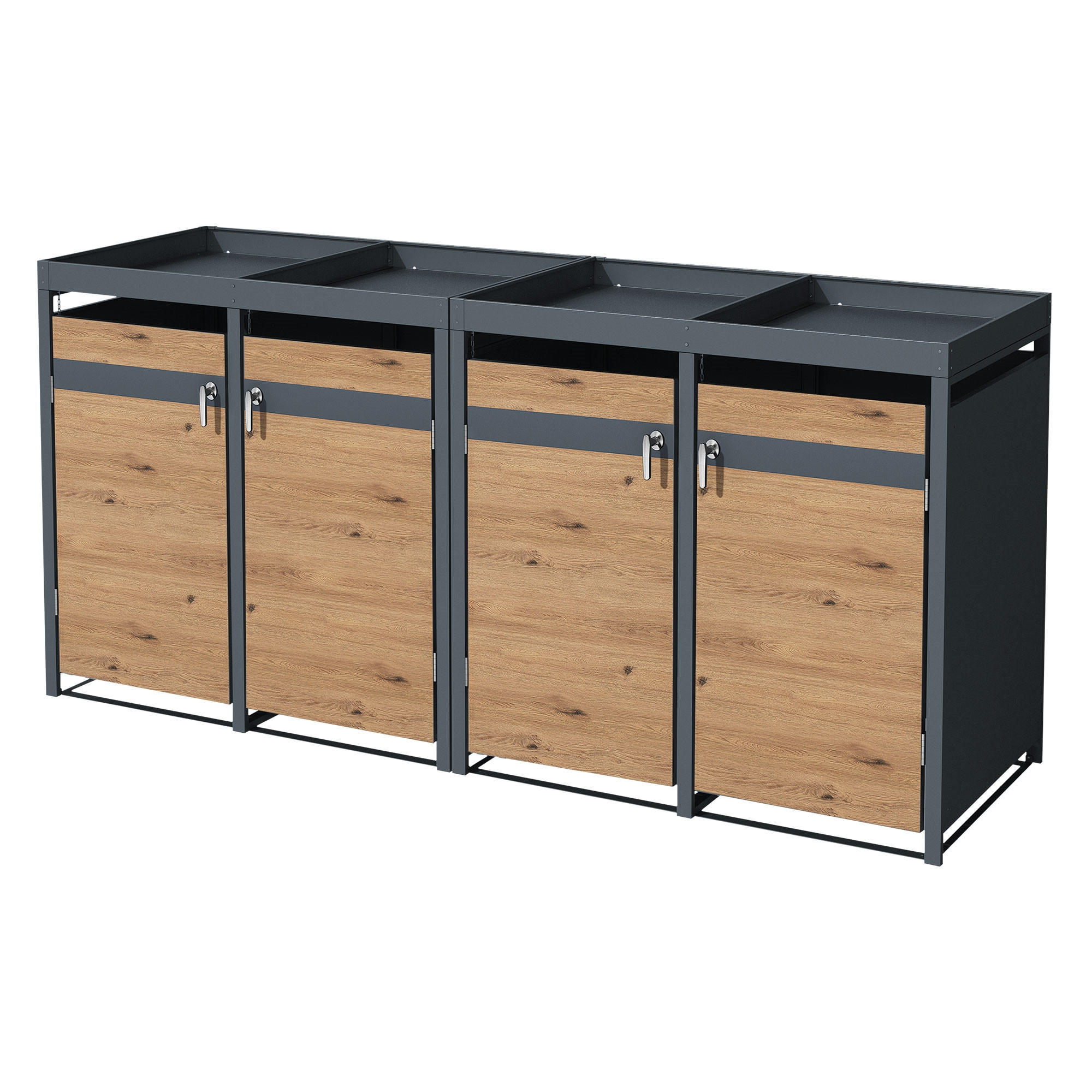 MÜLLTONNENBOX 4er mit Pflanzdach Anthrazit-Eichenoptik - Braun, Metall (80/124/264cm) - ML-DESIGN