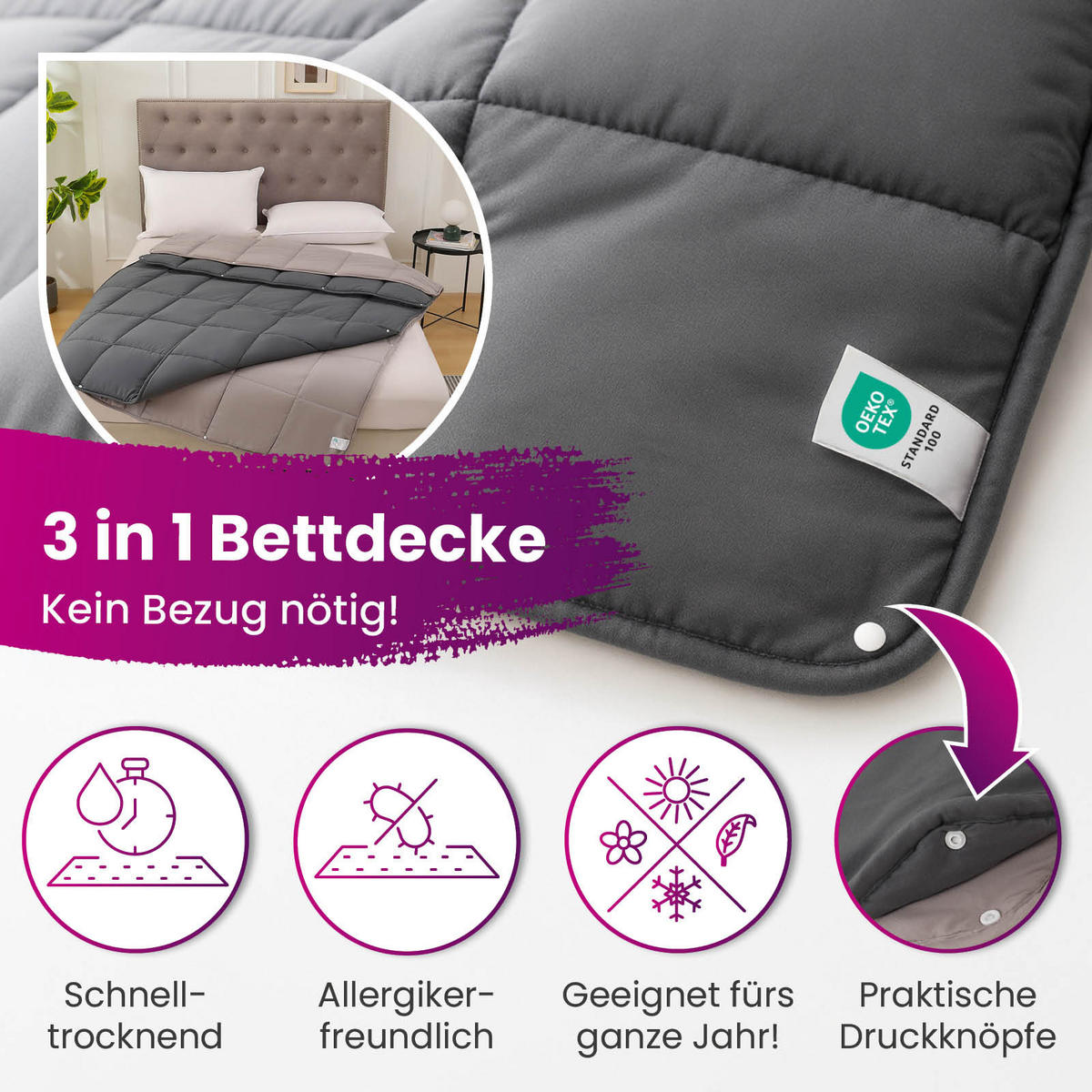 4-JAHRESZEITEN Steppbett Bi-Color im Wende-Design grau 135x200 - Grau, Textil (135/200cm) - wometo