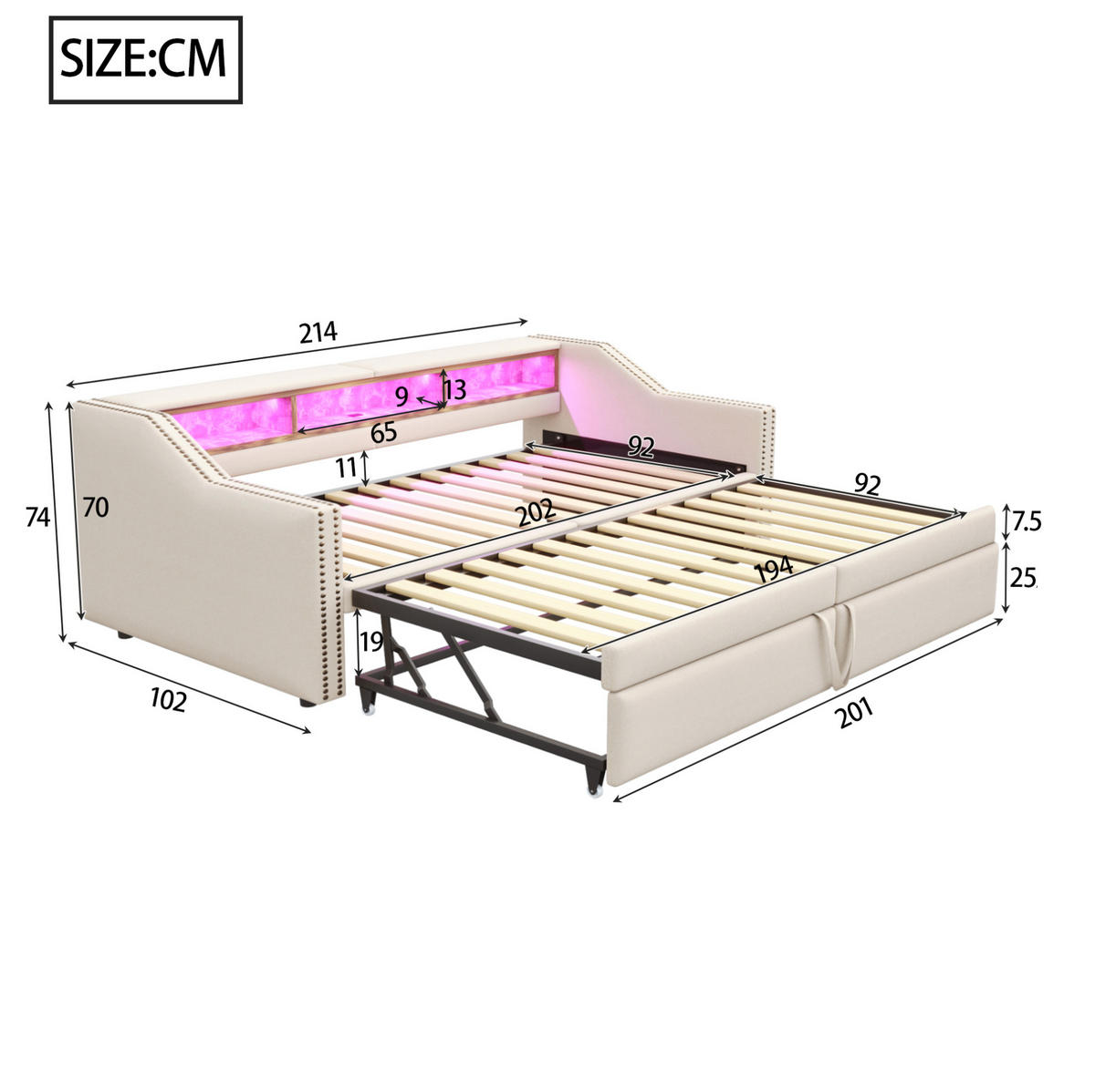 POLSTERBETT 90/180 x 200 cm aus Leinenstoff mit Ausziehfunktion LED und USB Beige - Beige, Textil (90/180cm) - Modenvie