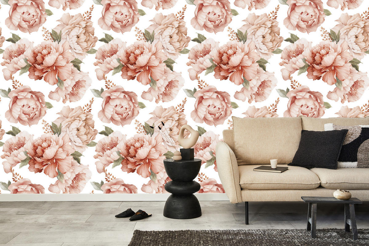 VLIESTAPETE Pfingstrosen im Boho-Stil – Rosa, Beige, Weiß – 50x1000 cm - Beige/Rosa, Papier (50/1000cm) - Muralo