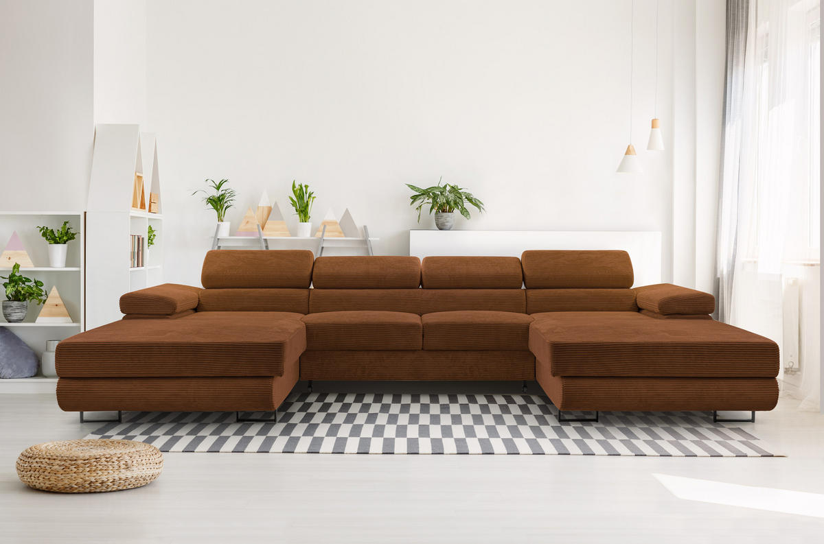 WOHNLANDSCHAFT Arborio Ziegelrot 352/202/90 cm mit Schlaffunktion - Schwarz/Orange, Textil/Metall (352/90/202cm) - AX Living