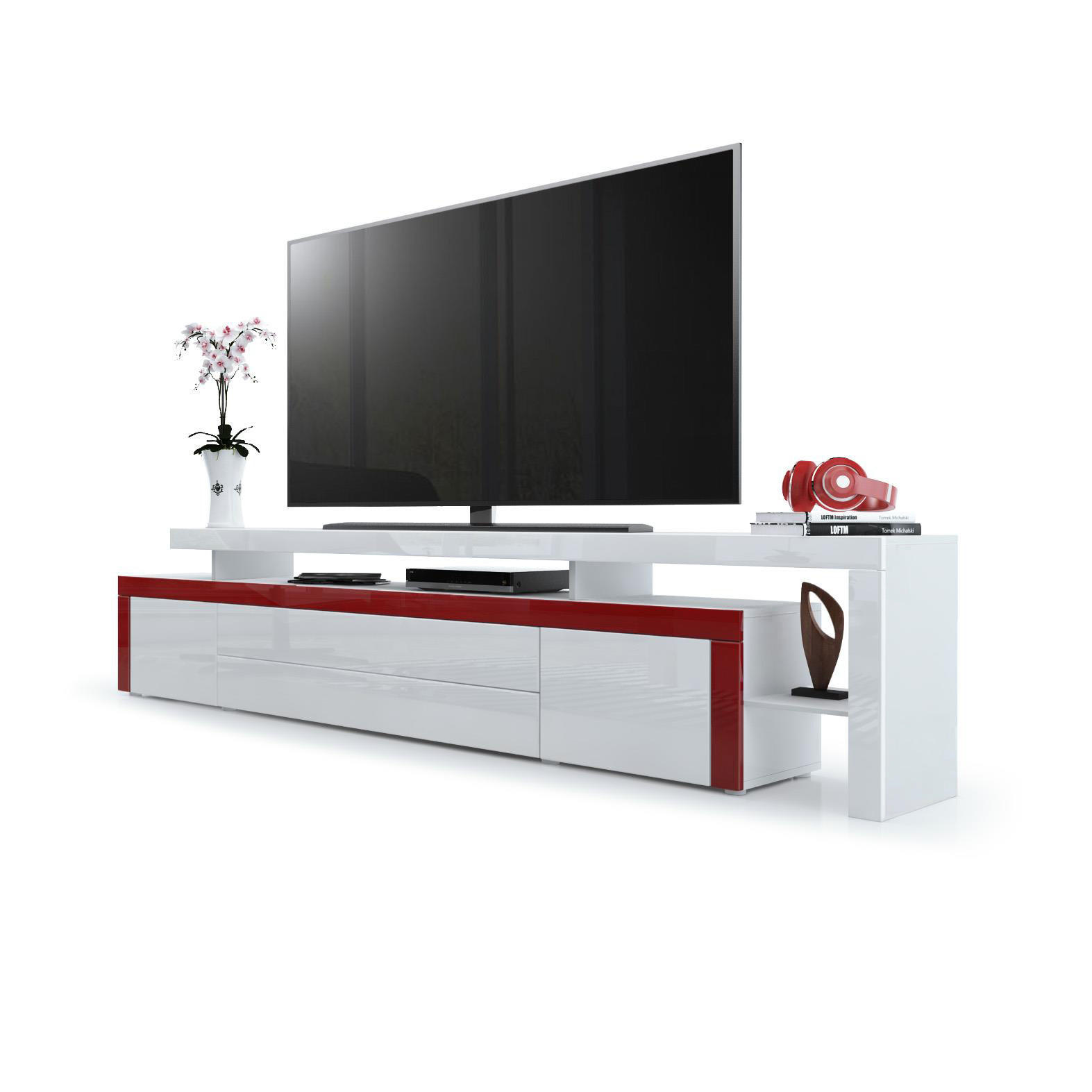 LOWBOARD Leon Weiß Hochglanz / Bordeaux Hochglanz - Weiß Hochglanz/Bordeaux, Holzwerkstoff (227/52/35cm) - Vladon